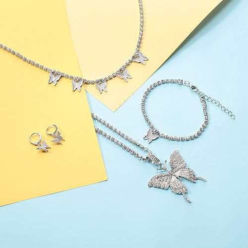 Miniatura 5 de Hicarer Collar con colgante de mariposa grande, cadena de diamantes de imitación, gargantilla de cristal brillante, collar y pulsera de mariposa