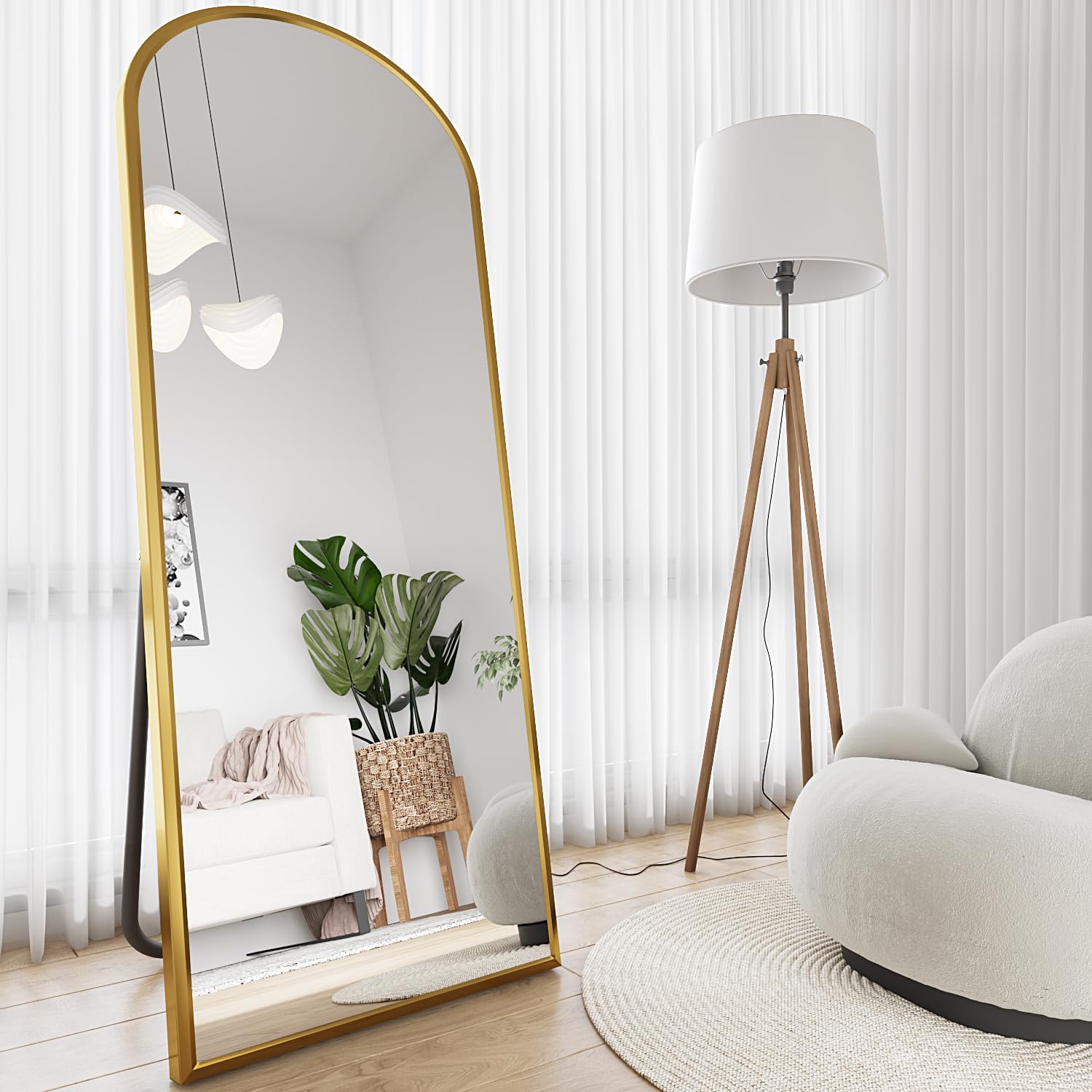 Bogen - Specchio a figura intera, 165 x 60 cm, grande specchio da terra, curvo, da parete, per camera da letto, spogliatoio (oro)