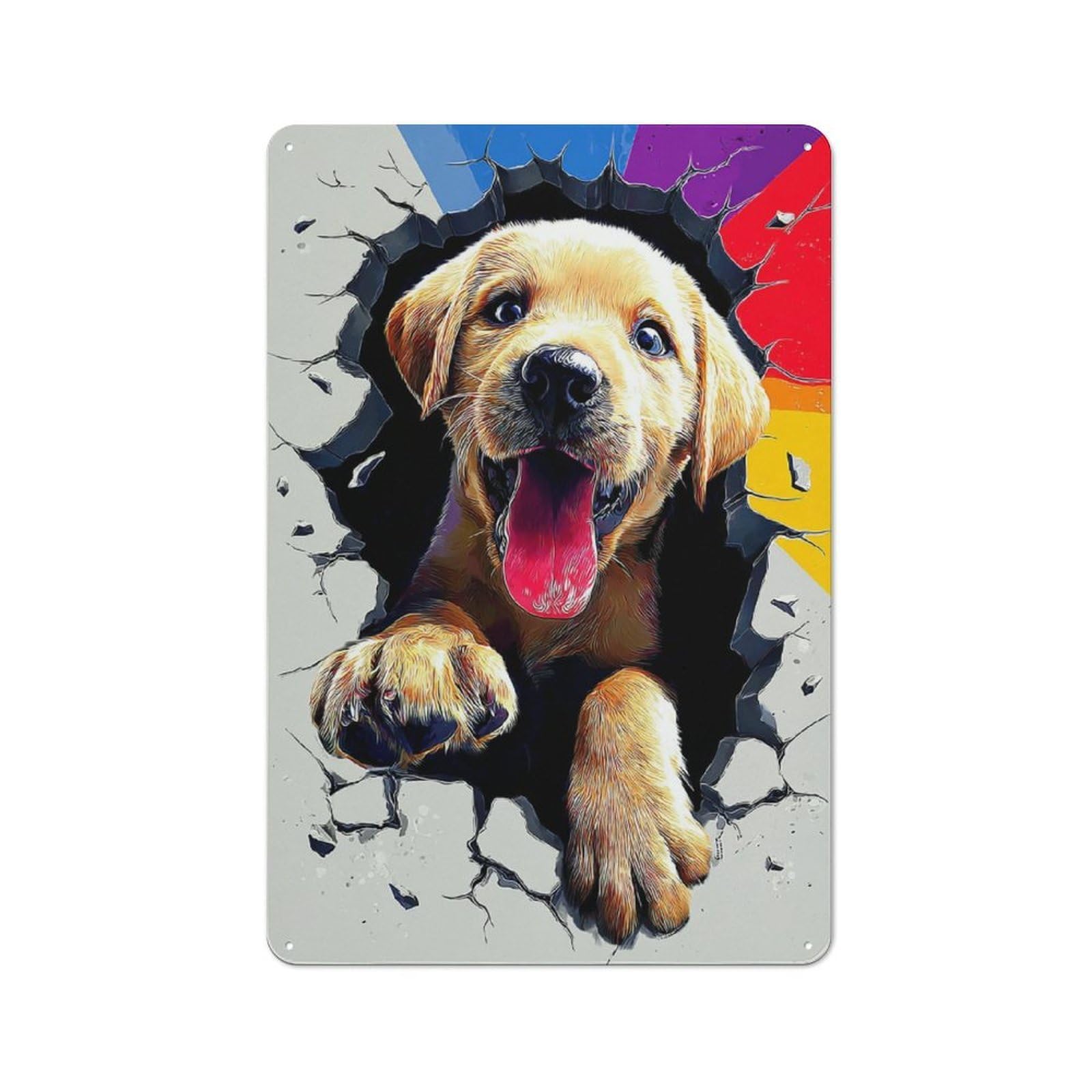 Junmoney Happy Puppy Breaking Through Wall Tin Sign With Design 30X20cm, Vintage Workshop Wall Decor For Tool Room, Garage, Studio Or Home Bar