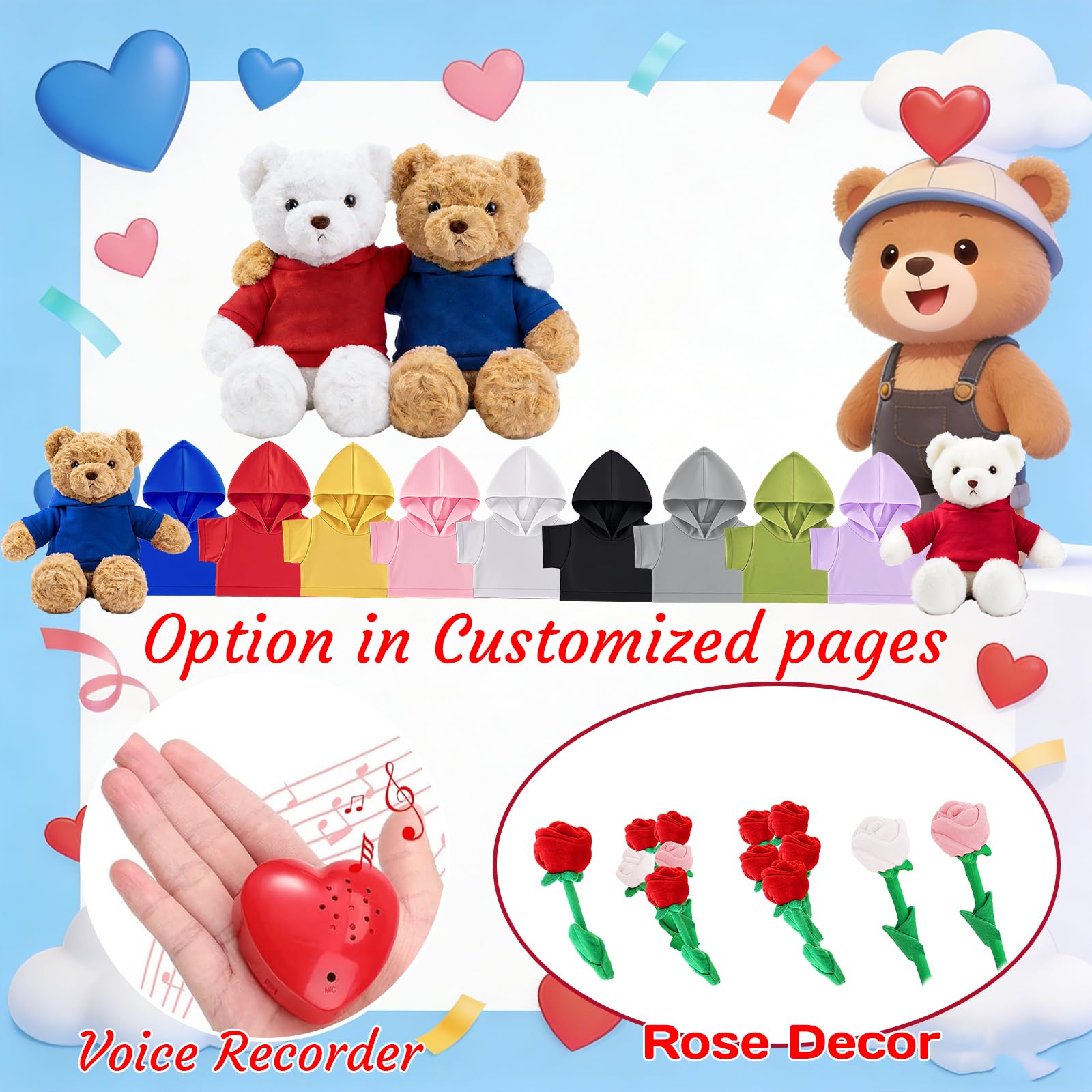 Ositos de Peluche Personalizados con Foto Texto, Teddy Bear Osito de Peluche Personalizado con Ropa Regalos para San Valentín Navidad Cumpleaños 2 Piezas, 30cm