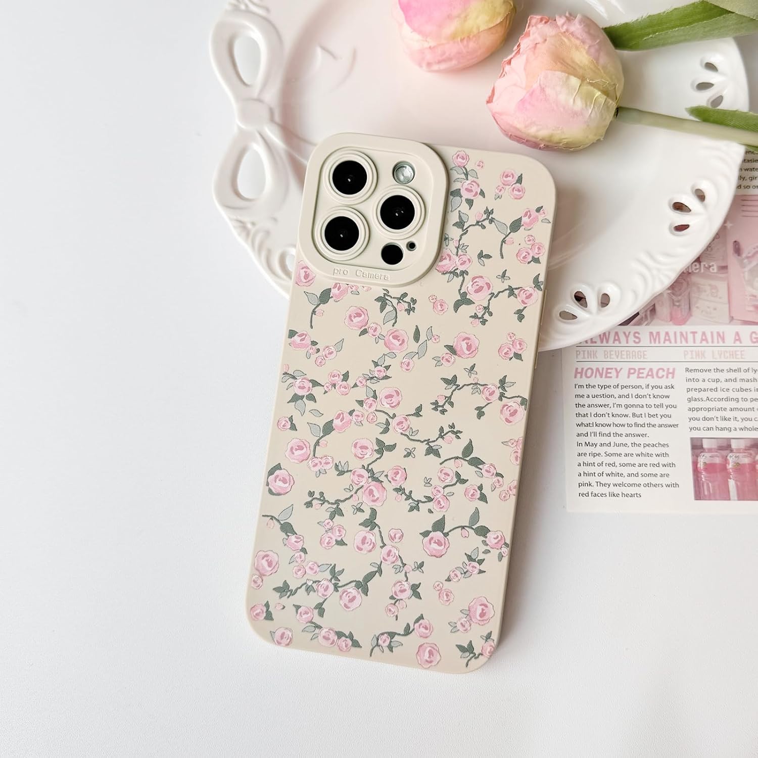 nititop compatible with iphone 15 pro max case cute aesthetic flower floral vintage rose pattern design for women girls soft tpu white back shockproof protective phone cover - light pink light pink iphone 15 pro max