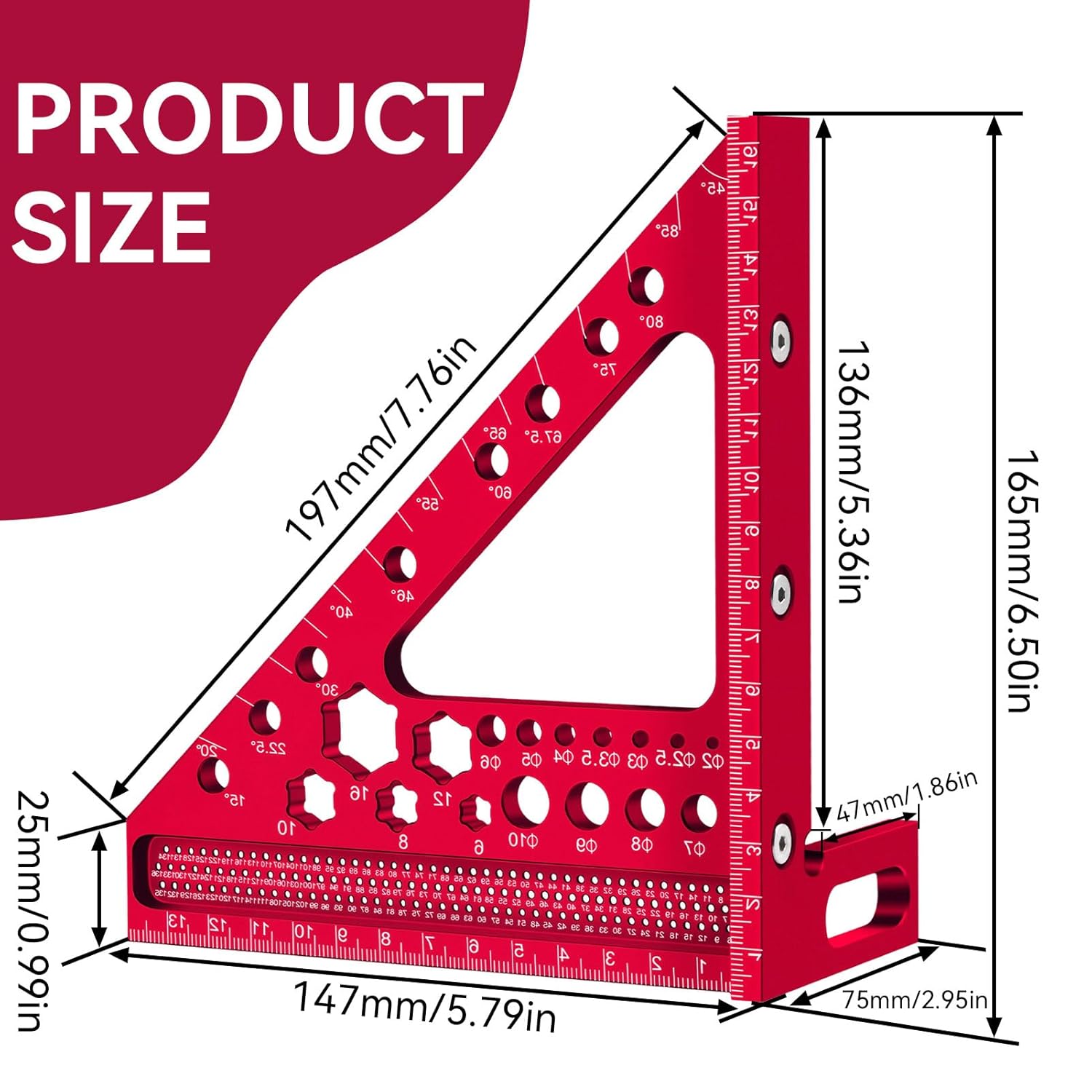 Large Carpenter Square, 15-90° Triangular Ruler 3D Carpenter with 3D Multi-Angle Measuring and Scribing Features with Anti-Lost Pin for Accurate Woodworking & Construction (Red)