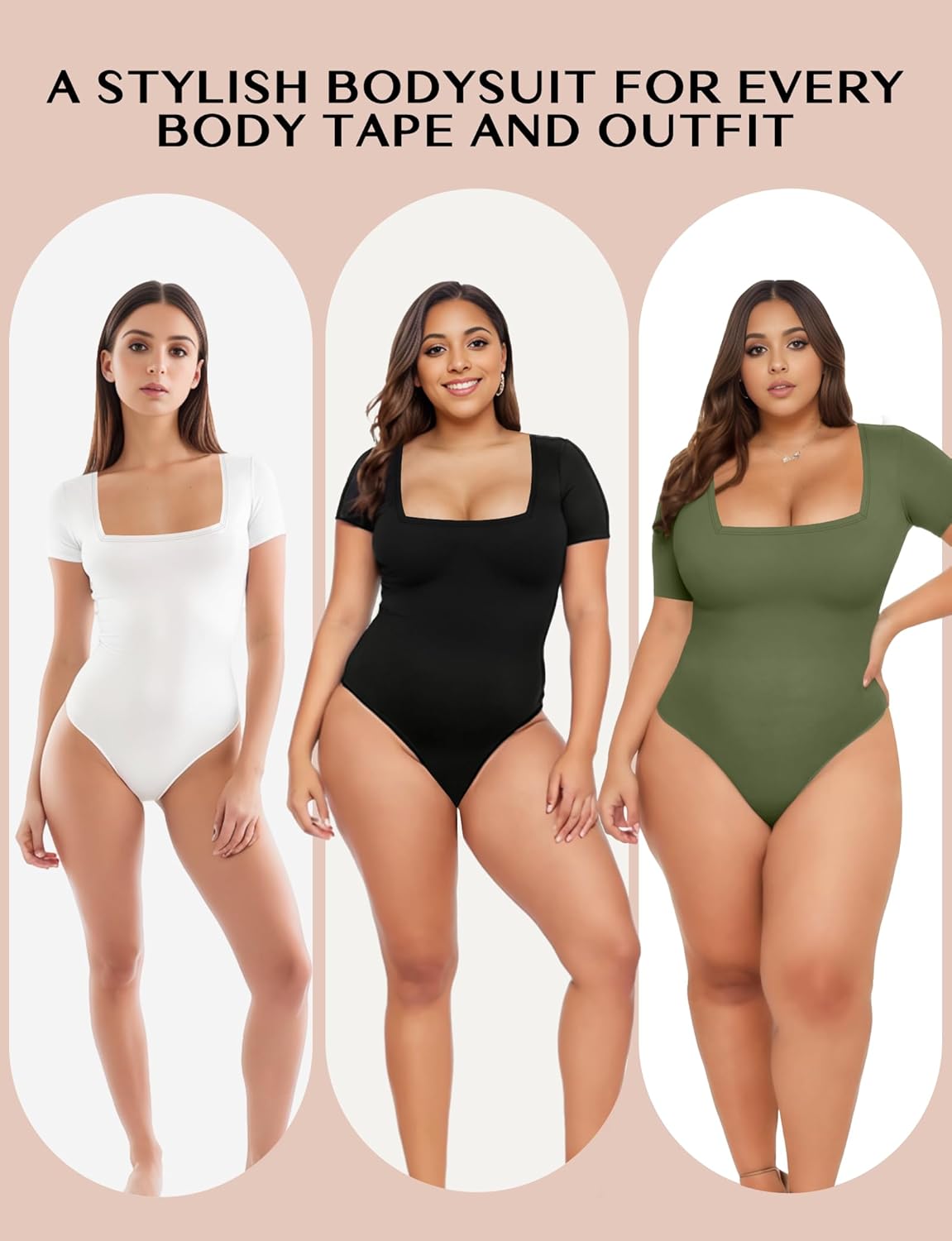 Womens Square Neck Bodysuit Short Sleeve Bodysuits For Women Sexy Going Out Thong Body Suit Tops Shirts Basic Clothing Tank Leotards Jumpsuits Bustier Tops Curvy Dupe Tummy Control Green Small - Image 7