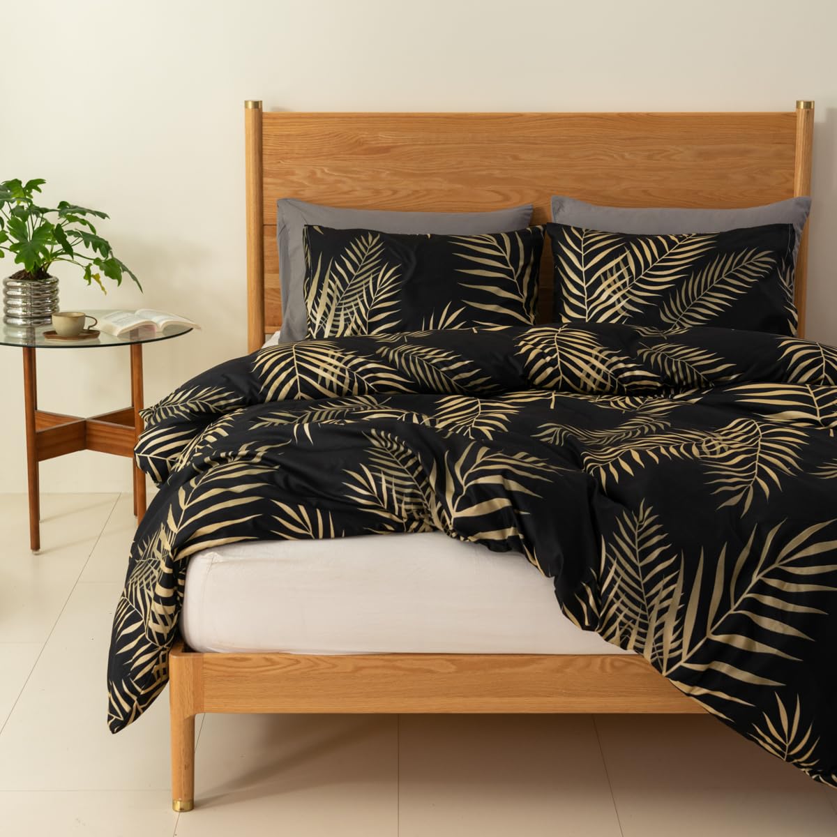 Housse de Couette 240x260 Feuilles de Palmier Tropicales Motif Or Noir Parure de Doux Microfibre Lit Linge de Lit 2 Personne Adulte avec Fermeture Éclair avec Taies d'oreiller 65x65 cm