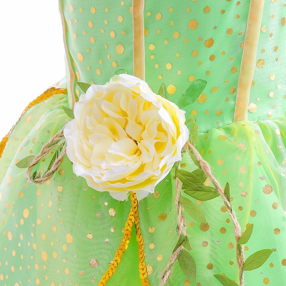 Vista 7 de Disfraz de hada de flores, conjunto de disfraz de princesa para niñas, Tinker Bell ropa para Halloween, disfraz de cosplay con ala, verde