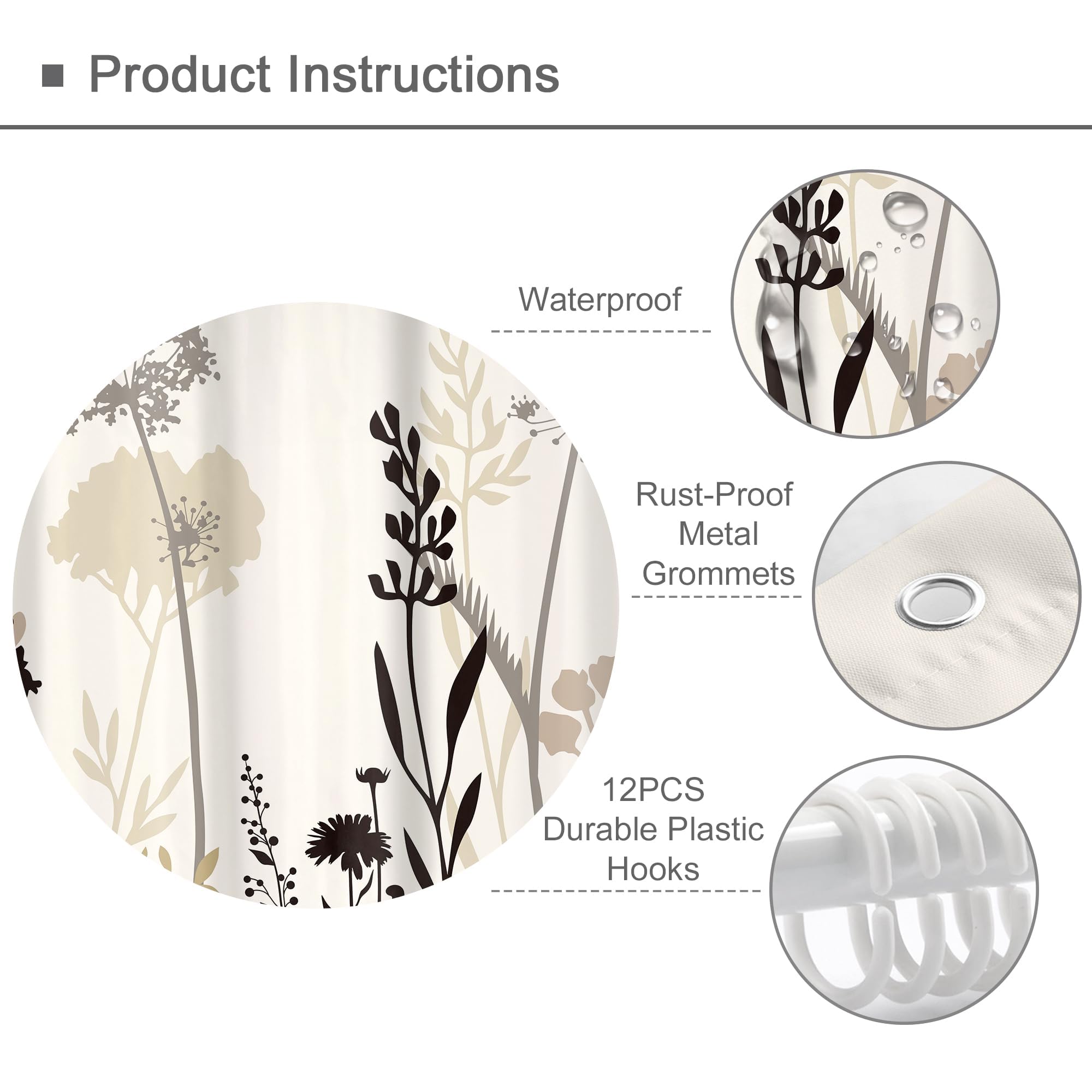 Rideau de Douche Beige, crème, Taupe, Marron, Silhouette Florale, Style bohème Rustique, Feuilles et Plantes Sauvages, Style Vintage, Salle de Bain, 300x200cm(LxH)