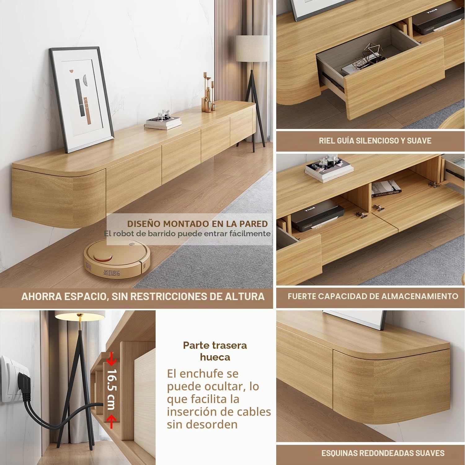 Mueble TV Suspendido Moderna con luz LED | Consola de Medios de Entretenimiento Montada en la Pared | Banco de TV con Gran Capacidad de Almacenamiento para Sala de Estar y Oficina (Madera, 200cm)