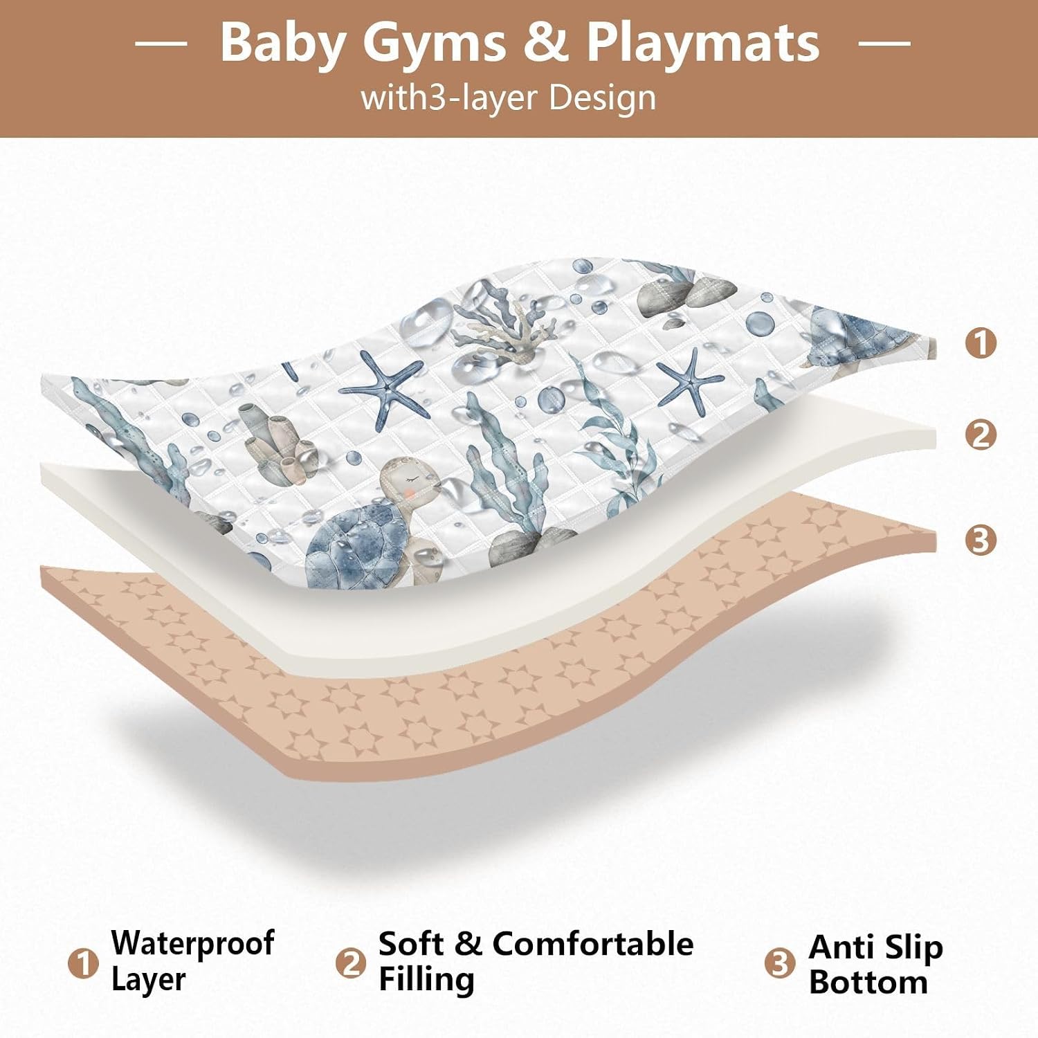 Baby Play Mat Sea Turtle Seashell Starfish 50" X 50" Play Gym Crawling Mat Soft Non-Slip Portable Picnic Floor Mat for Infant, Babies, Toddler, Kids