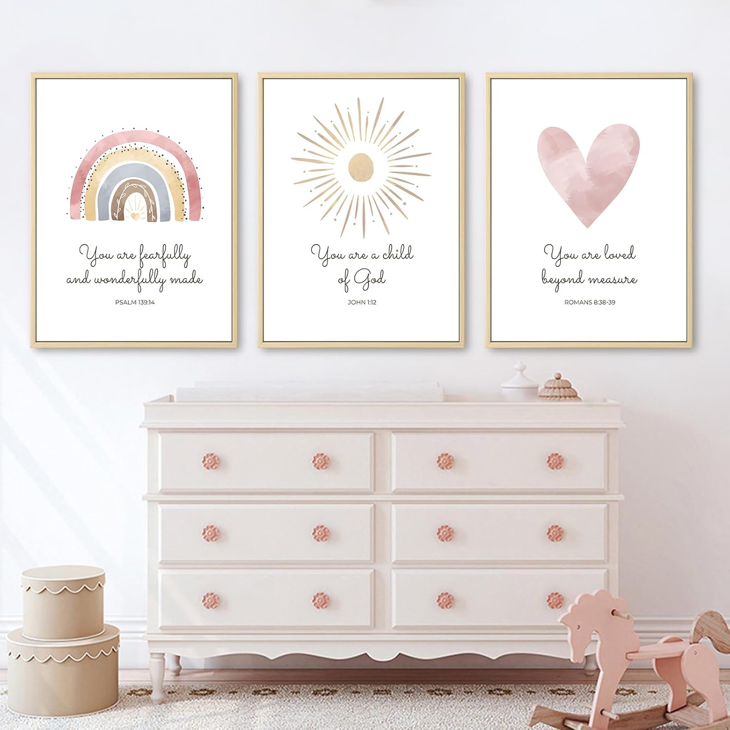 Boho Nursery Wall Art 3 Pieces Bible Verse Nursery Art Christian Girls Nursery Wall Art Heart Rainbow Sun Nursery Art Print Boho Sunshine Nursery Decor for Girl Baby Kid Room Decor 16x24 Inch FRAMED