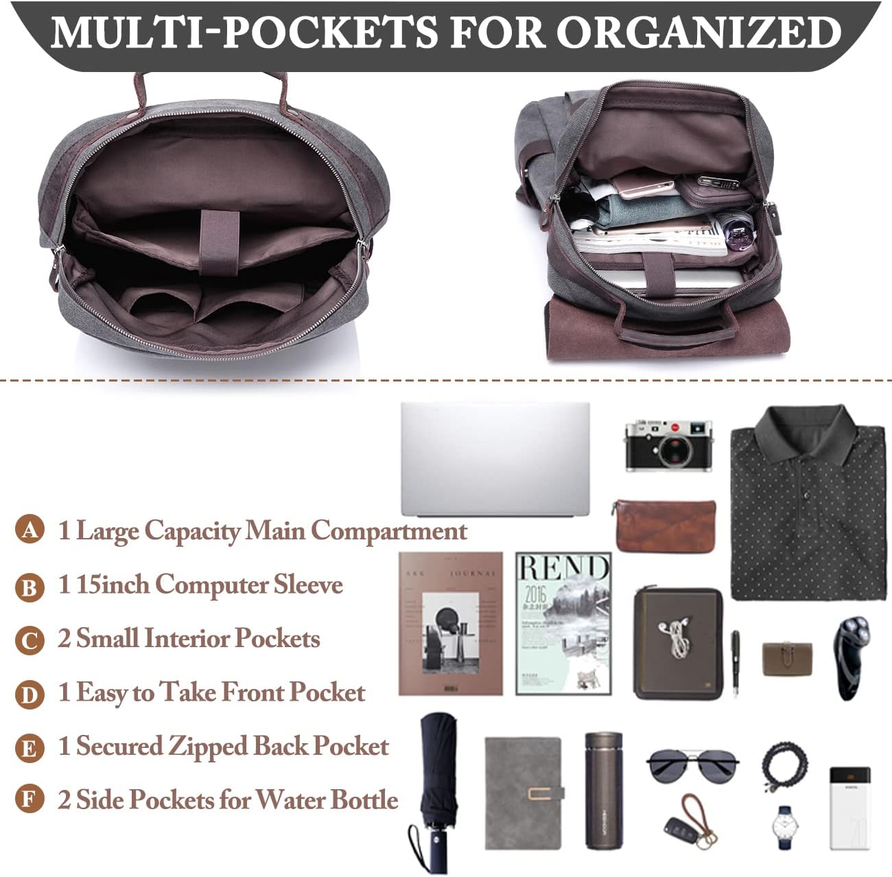 VASCHY Leather Laptop Backpack, Casual Canvas Campus Rucksack with 15.6 inch Laptop Compartment - Image 5