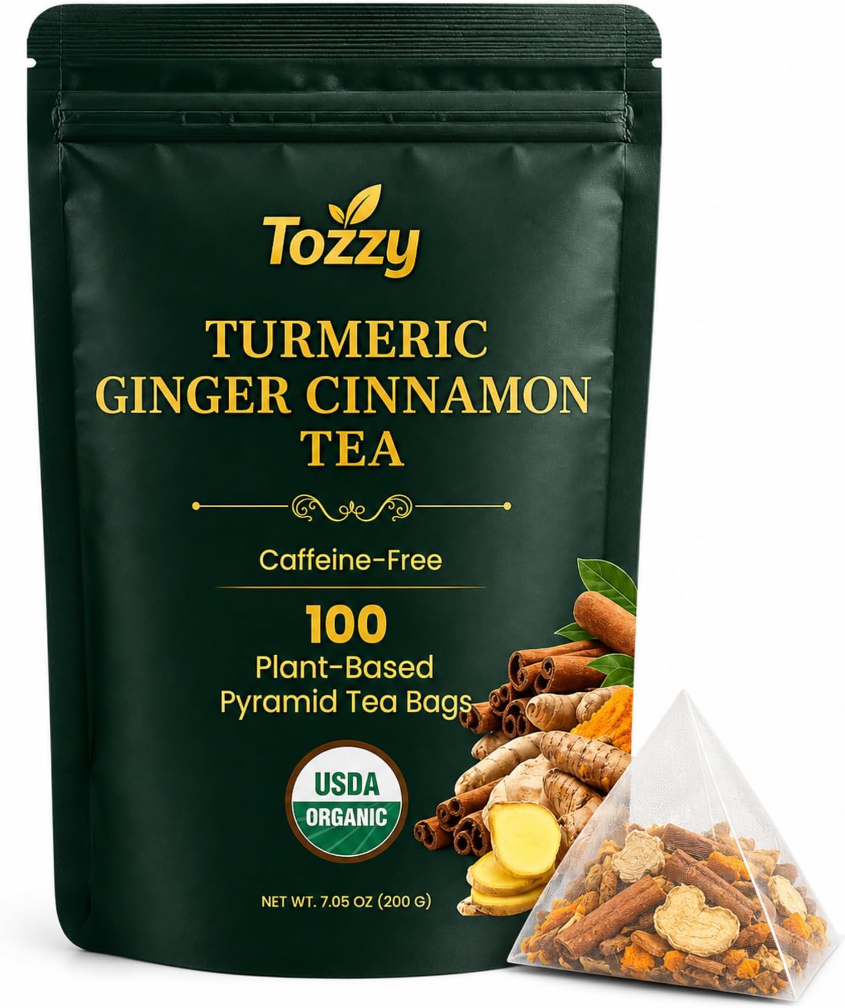 Tozzy Organic Turmeric,Ginger & Cinnamon Tea – 100 Count, Plant-Based Pyramid Tea Bags – Packaging May Vary