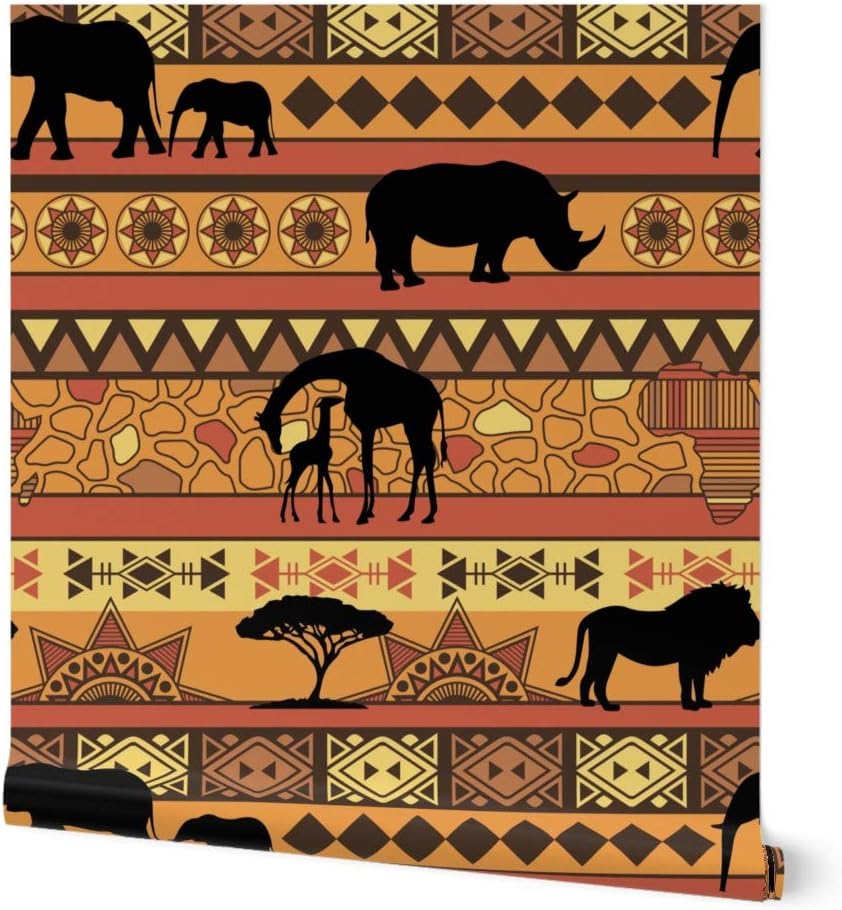 Removable Wallpaper 9ft x 2ft - Safari Style African Earth Animals Rhino Elephant Giraffe Landscape Geometric Orange Large Fair Custom Pre-Pasted Wallpaper by Spoonflower
