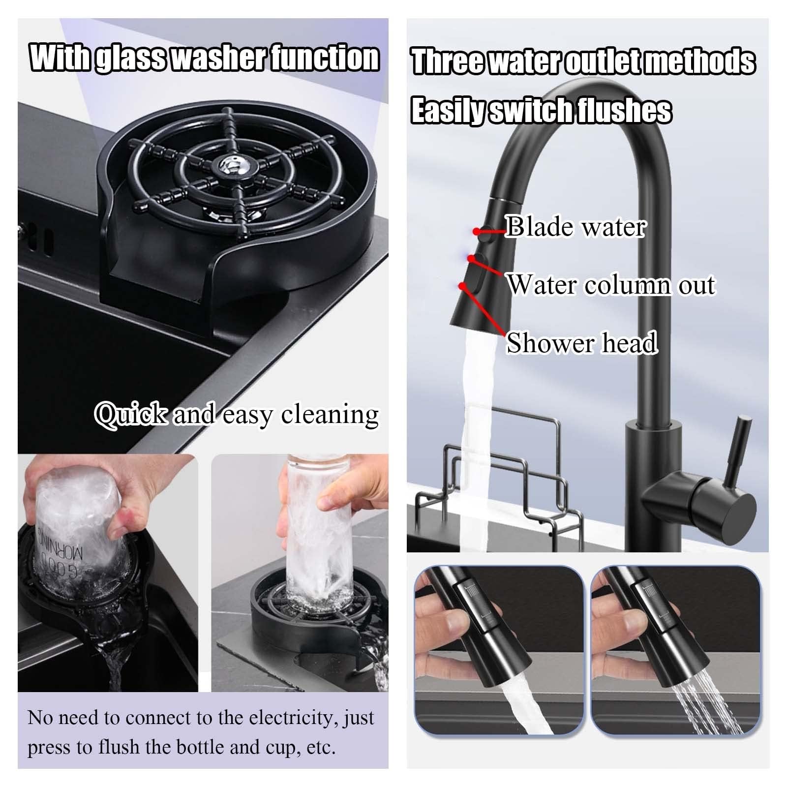 SDdPulse Lavello da bar in acciaio inox di alta qualità con lavabiancheria in vetro e rubinetto, multifunzione, a cascata, per uso domestico e commerciale, nero, 75 x 45 cm