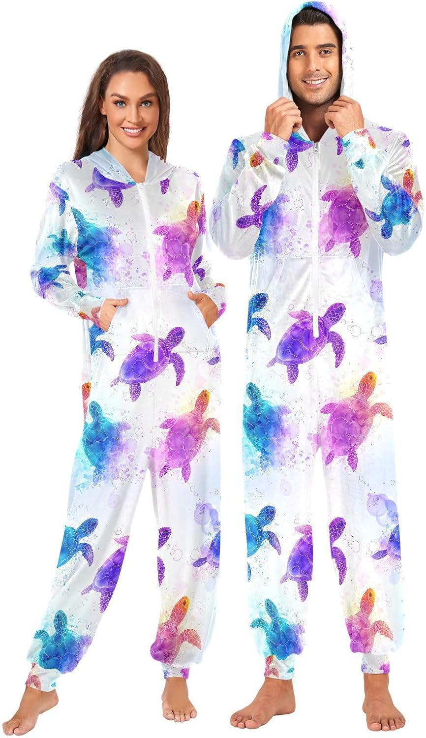 Turtle Rainbow Ocean Nautical Coastal Adult Onesie Pajamas Novelty One Piece Costume Sleepwear Jumpsuits Matching PJS