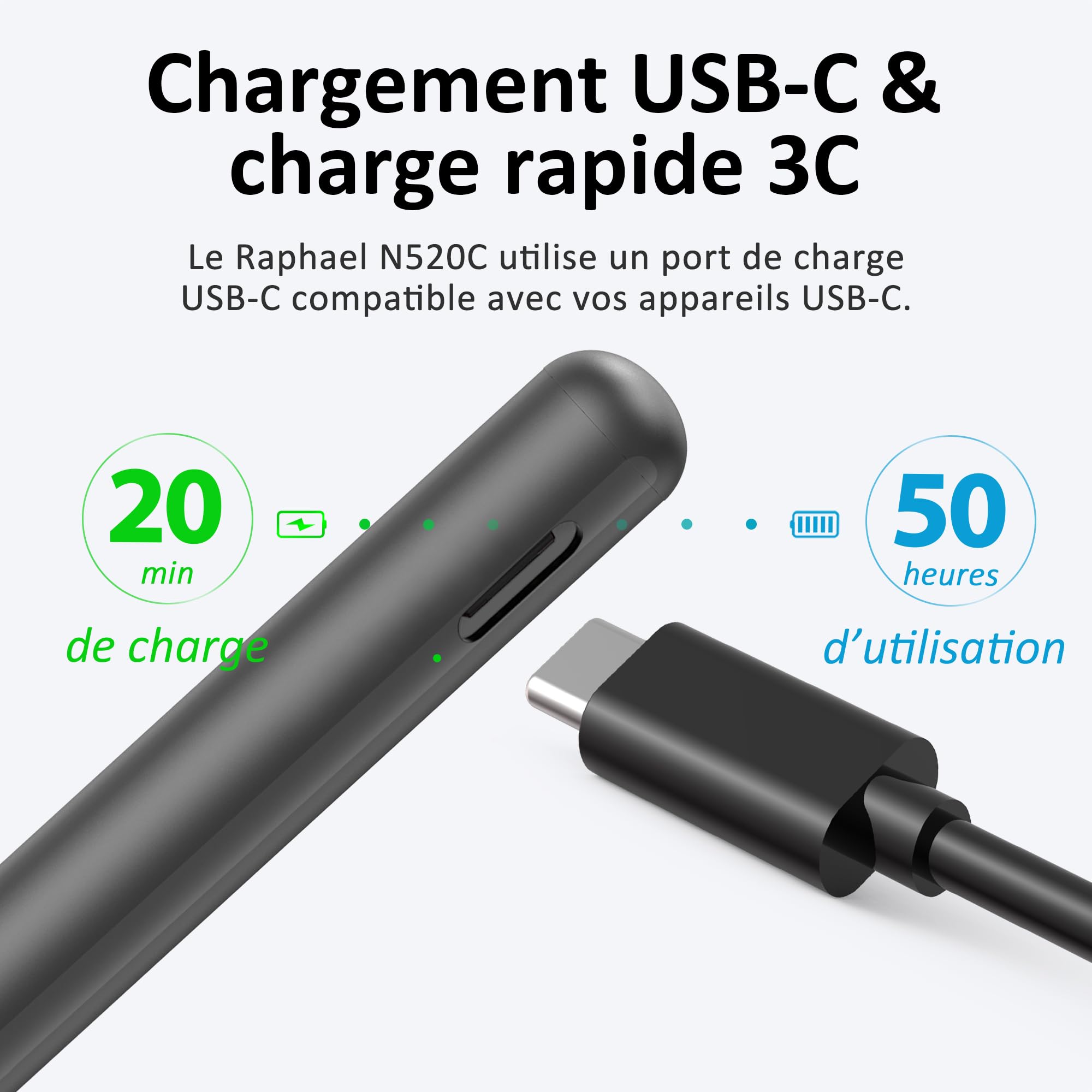 RENAISSER Raphael N520C Stylet pour Microsoft Surface Pro/Go/Book/Studio | MPP 2.0, 4096 pression, sensibilité à l'inclinaison, ultra-léger, palm rejection, recharge via USB-C, non magnétique