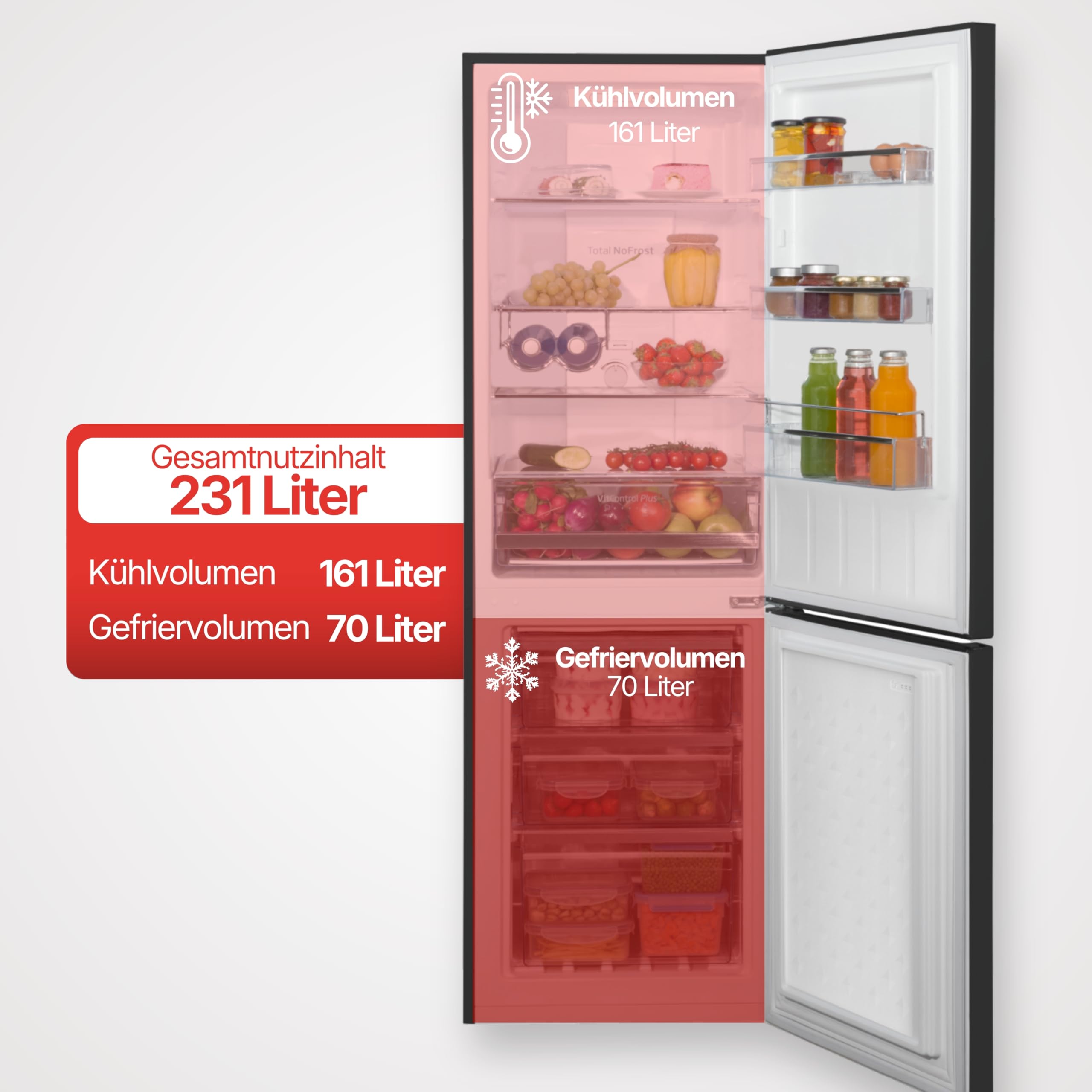 Amica Kühl-Gefrierkombination 231 L 170x54x59,1 cm Total NoFrost AKG 3875 S | 161 L Kühlteil, 70 L Gefrierteil, VitControlPlus, Superkühlfunktion, Supergefrierfunktion, Tür-Offen-Alarm, LED Beleuchtung