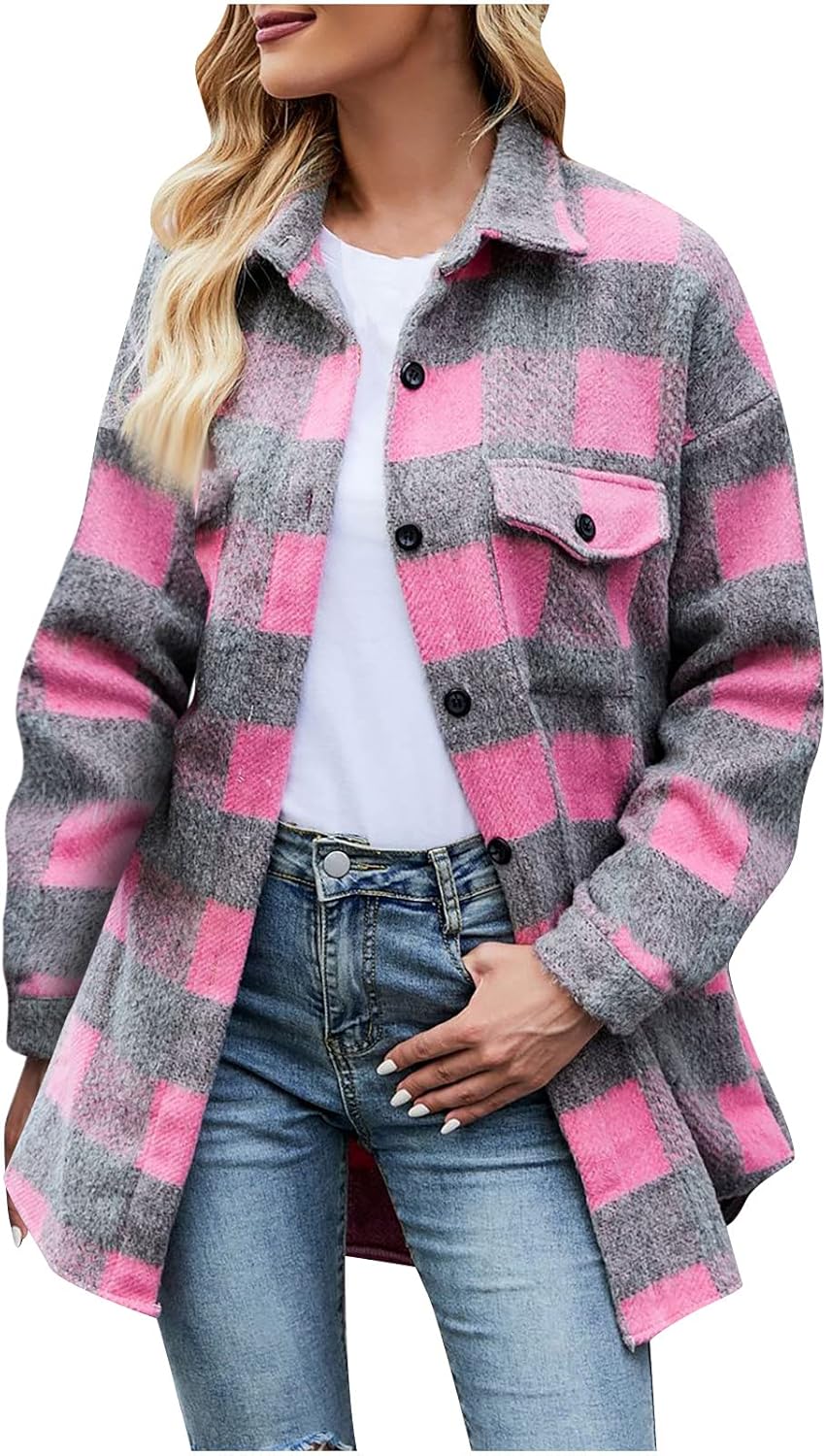 Womens Woolen Plaid Jacket Long Sleeve Lapel Button-Down Cardigan Shirts Open Front Pocket Flannel Shacket Fan Sweater Jacket : Sports & Outdoors
