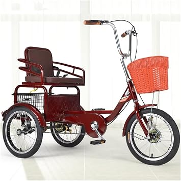 Adult Tricycle 16inch Rickshaw Pedal Tricycle,Mobility Scooter Trike for Elderly,Comfortable Sponge seat with armrest and Belt,Pneumatic Spoke WheelWine red