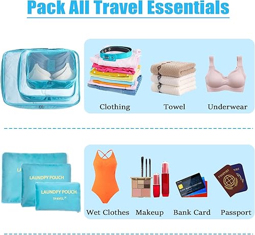 Miniatura 5 de Juego de 6 cubos de equipaje esenciales de viaje para equipaje de mano, organizadores de equipaje, maleta, accesorios de viaje (azul cielo)