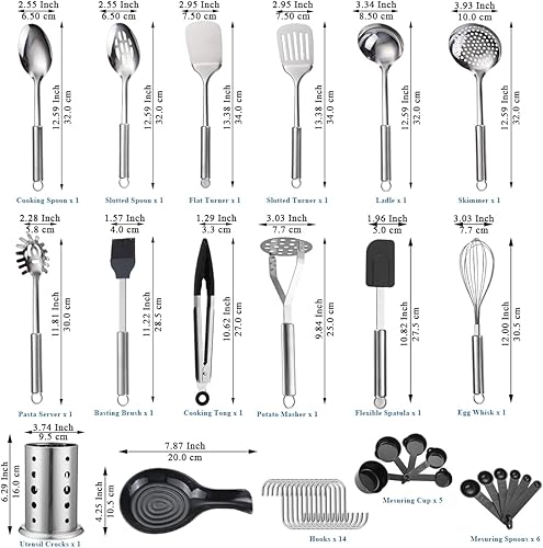 Miniatura 2 de Juego de utensilios de cocina, 39 piezas de acero inoxidable, espátula de cuchara con soporte de utensilios de acero inoxidable resistente, apto