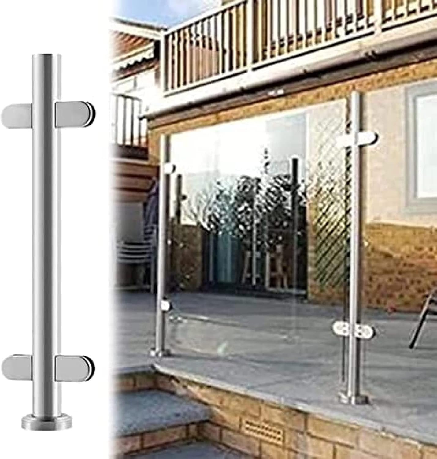 Stainless Steel Glass Railing Posts - Round Tube Handrail Support Staircase Balustrade Post with Glass Clamps and Modern Design for Safety and Style
