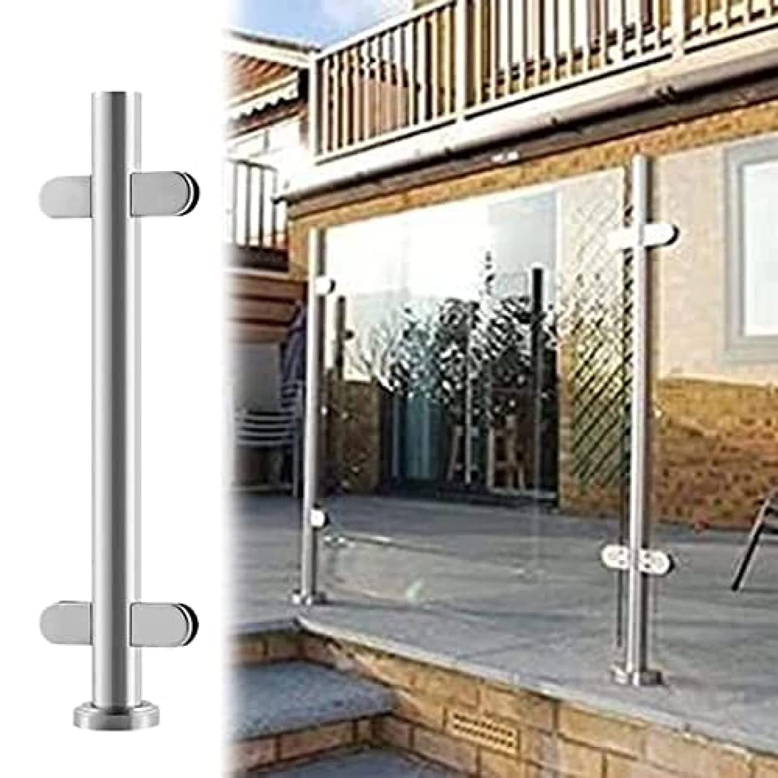 Aioneer Outdoor Glass Railing Posts Round Tube Stainless Steel Balustrade Supports Handrail Stanchions For Stairs Glass Clamp Column With Rubber Cushion Durable & Stylish-Silver-mid Post-135CM/53.1In