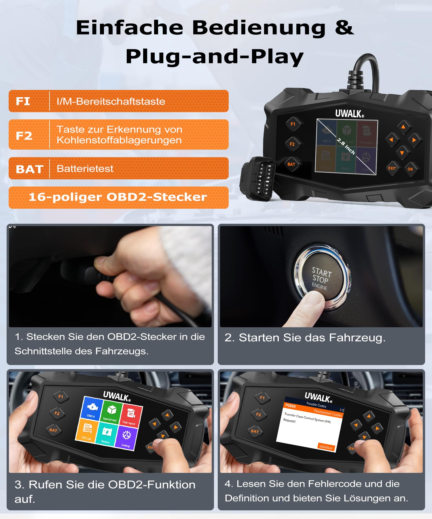 OBD2 Diagnosegerät OBD Auto Adapter: EOBD Auto Scanner Motor Diagnose Fehlerauslesegerät Lesegerät mit OBDII Funktionen - Deutsch KFZ Auslesegerät für Alle Fahrzeuge Ford BMW VW Mercedes Audi