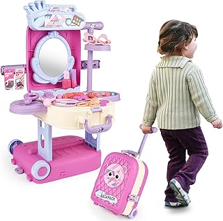 deAO 2 in 1 Makeup Table for Toddler Girls Vanity & Suitcase Set with Fashion Accessories Pretend Play Travel Suitcase Fashion Beauty Set for Girls
