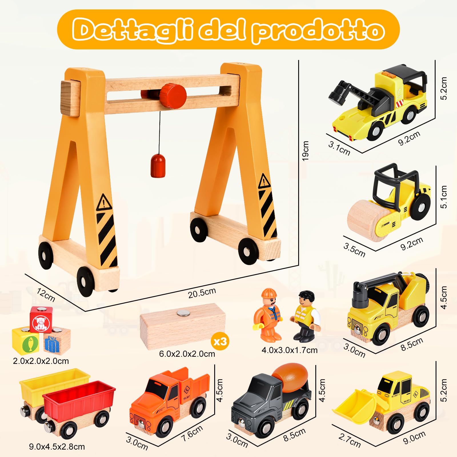 Buzzoxerex Veicolo da Cantiere in Legno per Bambini, Magnetico Veicoli Gru Giocattolo con Gru a Cavalletto, Rullo compressore, Carro Attrezzi, Veicoli da Costruzione Regalo Bimbo dai 3 anni