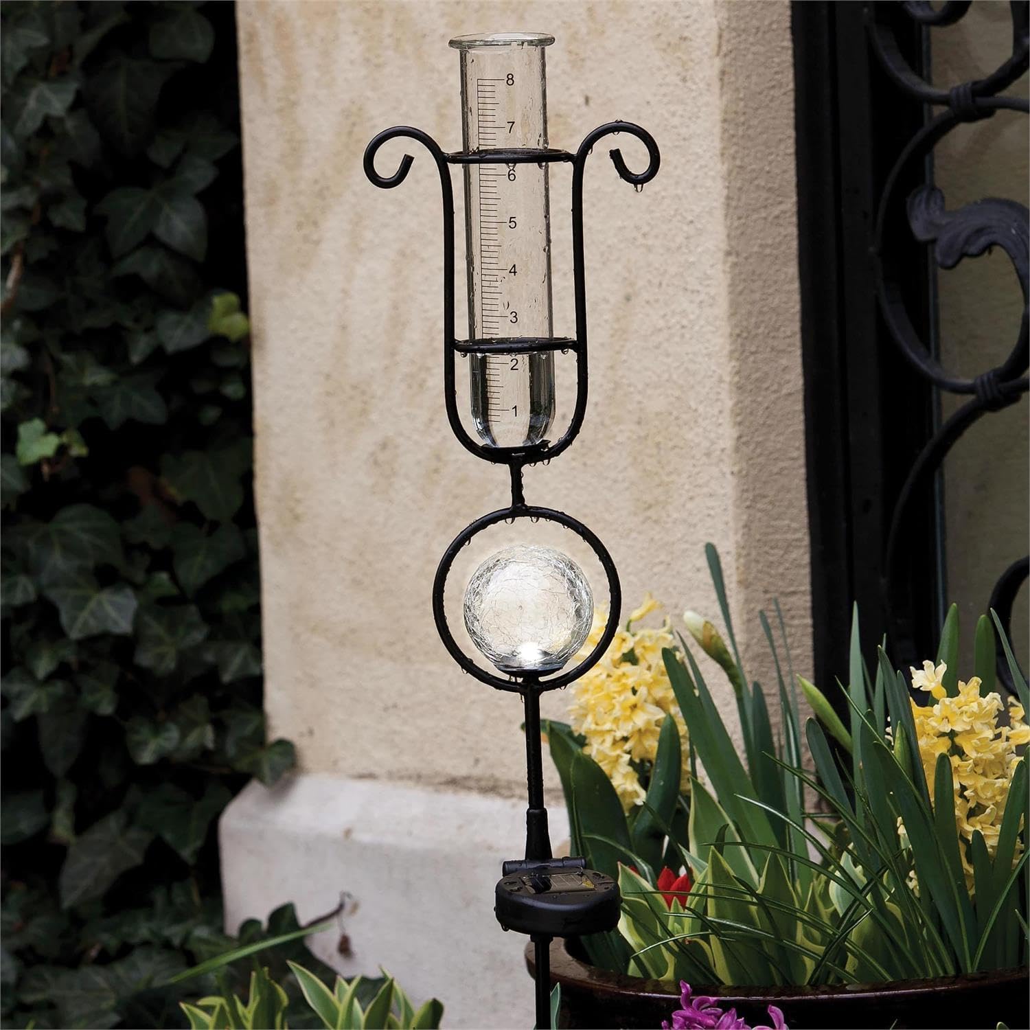 Rain Gauge with Solar Light Garden Stake,Metal and Glass,6x5.5x33.5 Inches