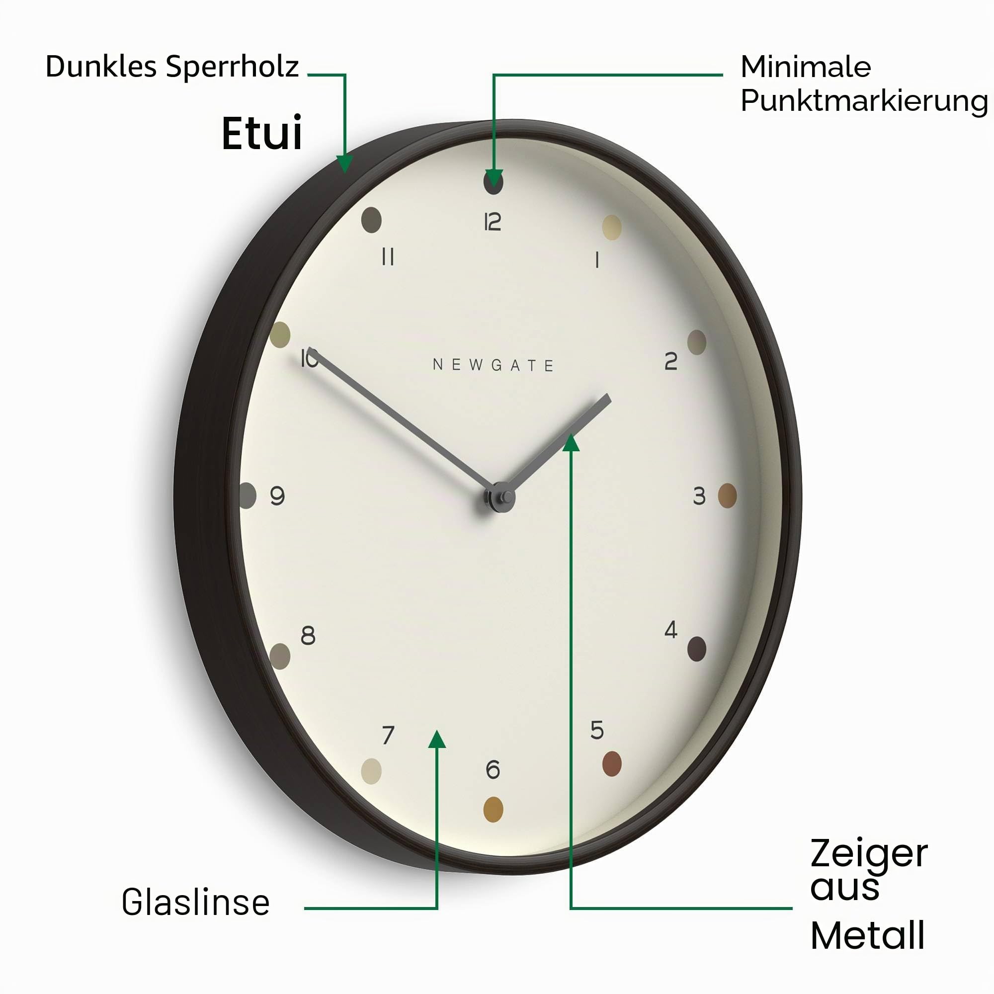NEWGATE® Mr Clarke Wanduhr | Große skandinavisch inspirierte sperrholzuhr | 40cm | Dunkles holzgehäuse mit designer-punktzifferblatt | Modernes, minimalistisches design für küche, wohnzimmer oder büro