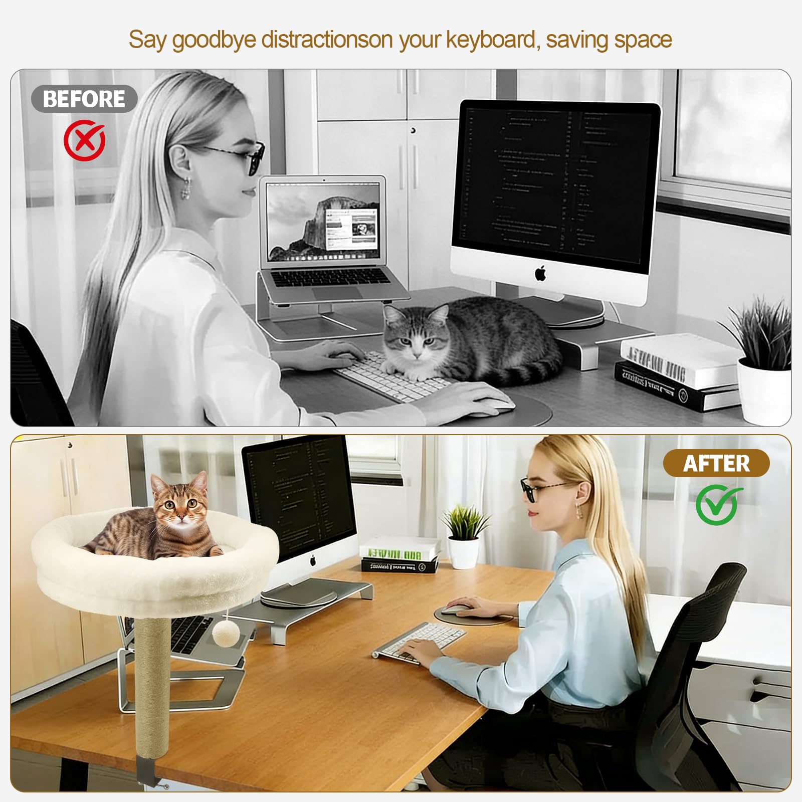 Katze Bett für Dest, Katzes Schreibtisch Bett mit Scritching Post, Platzsparende Katze Möbel, Perch und Hängematte mit Spielball, waschbares Kissen für Heim und Büro Schreibtisch (weiß)