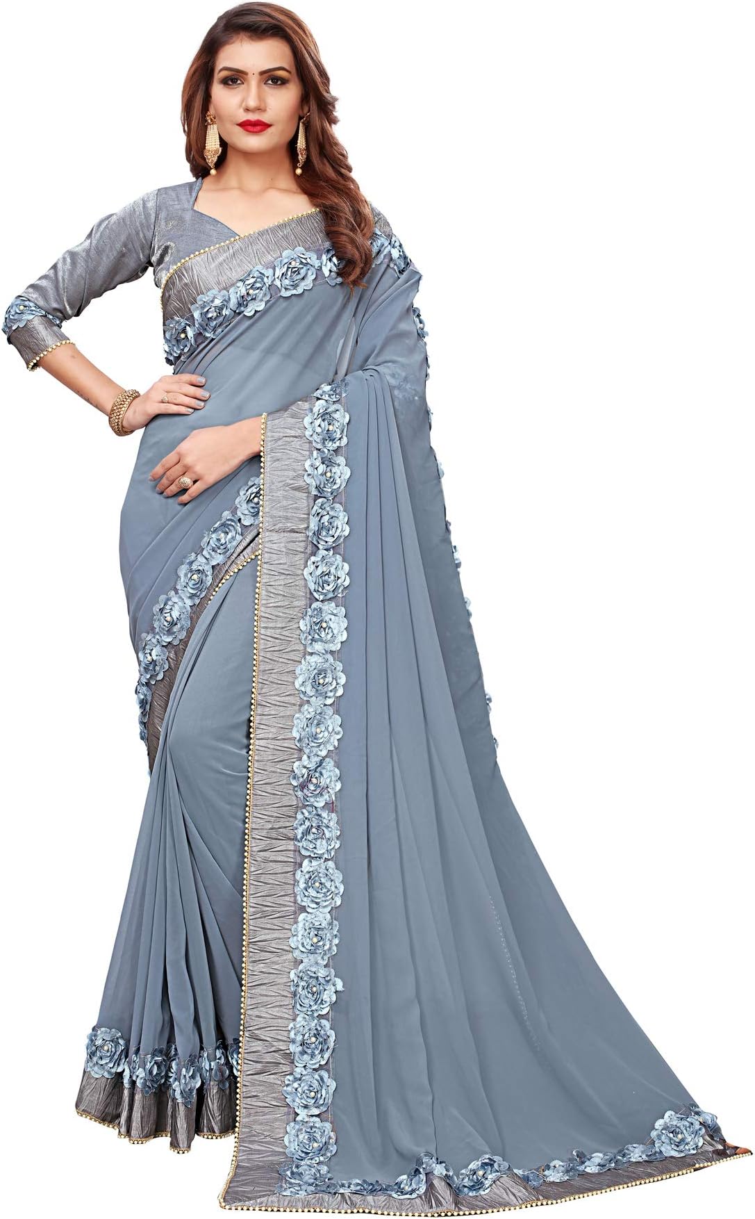 FAB DADUWomen's Georgette Ribbin Gotta Patti Embroidered Saree With Blouse Piece Saree (SR-10029-Free Size)