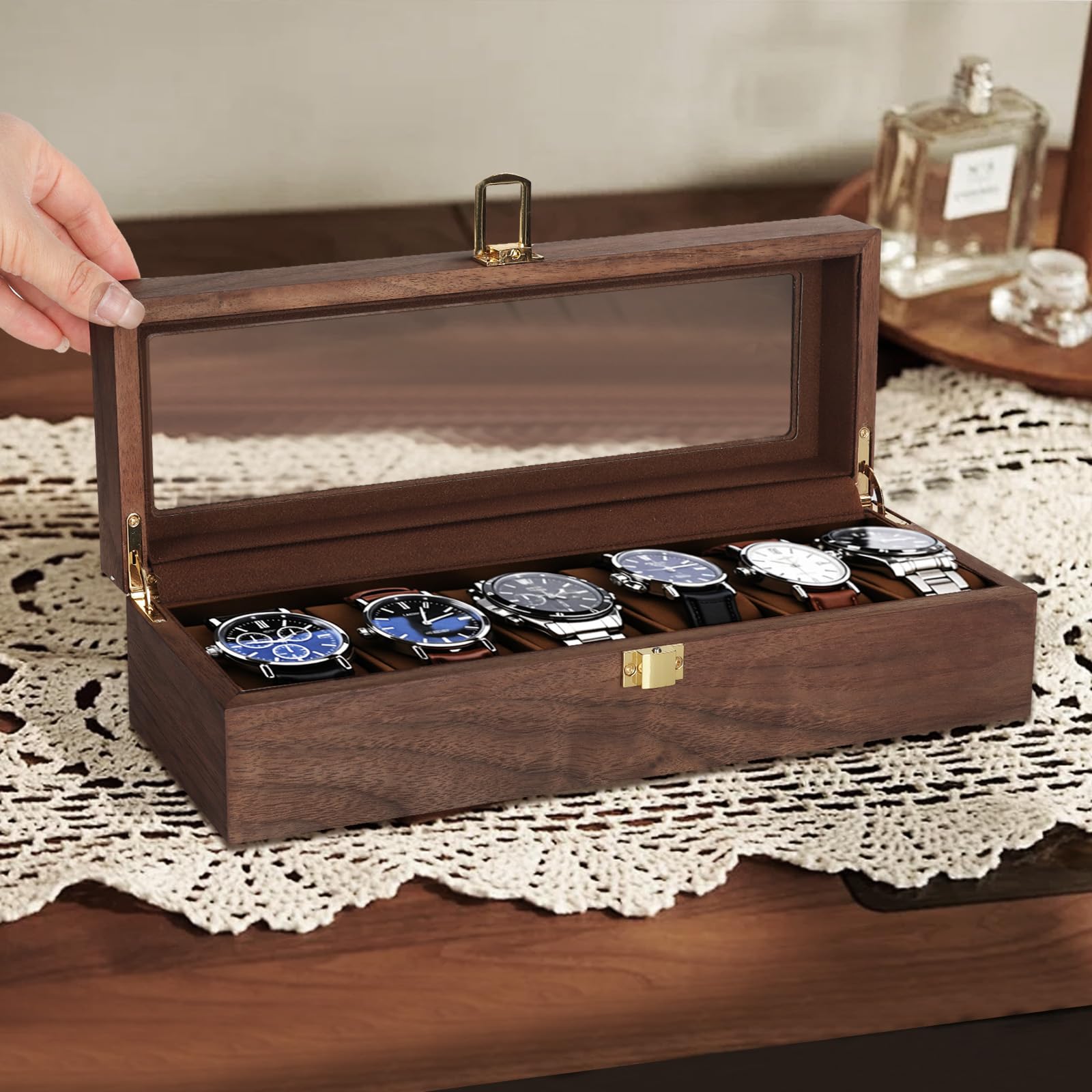 Caja de Relojes con 6 Compartimentos,Caja Relojes de Madera,Estuche de Reloje con Tapa de Cristal,Forro Suave,Cojín Extraíble,Cierre Metálico,Cajas para Reloje para Hombres y Mujeres