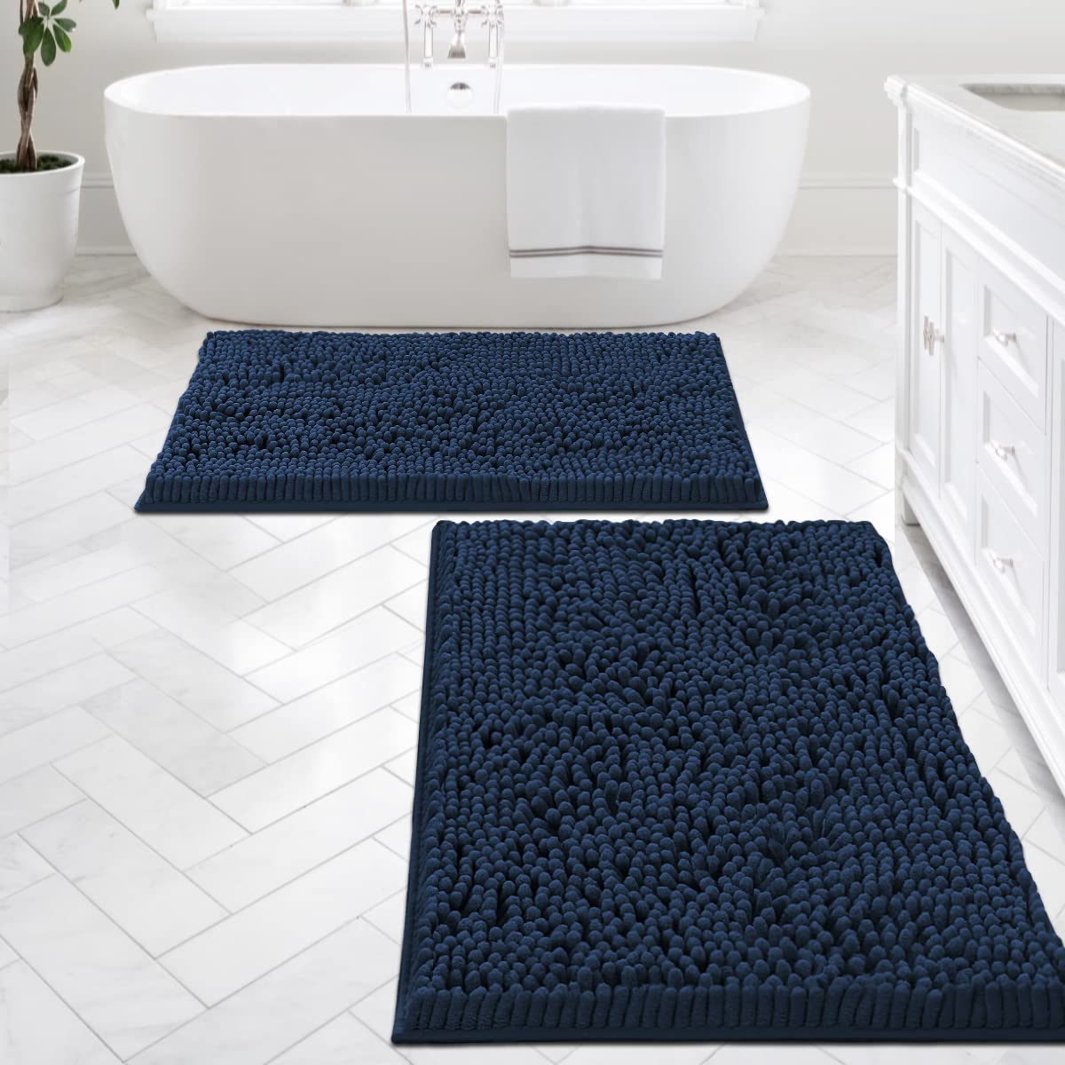 H.VERSAILTEX Bathroom Mats - Non Slip Luxury Chenille Bath Rugs, Extra Soft Absorbent Shaggy, Fast Dry - Sets of 2 (Navy, 24" x 36"/20" x 32")