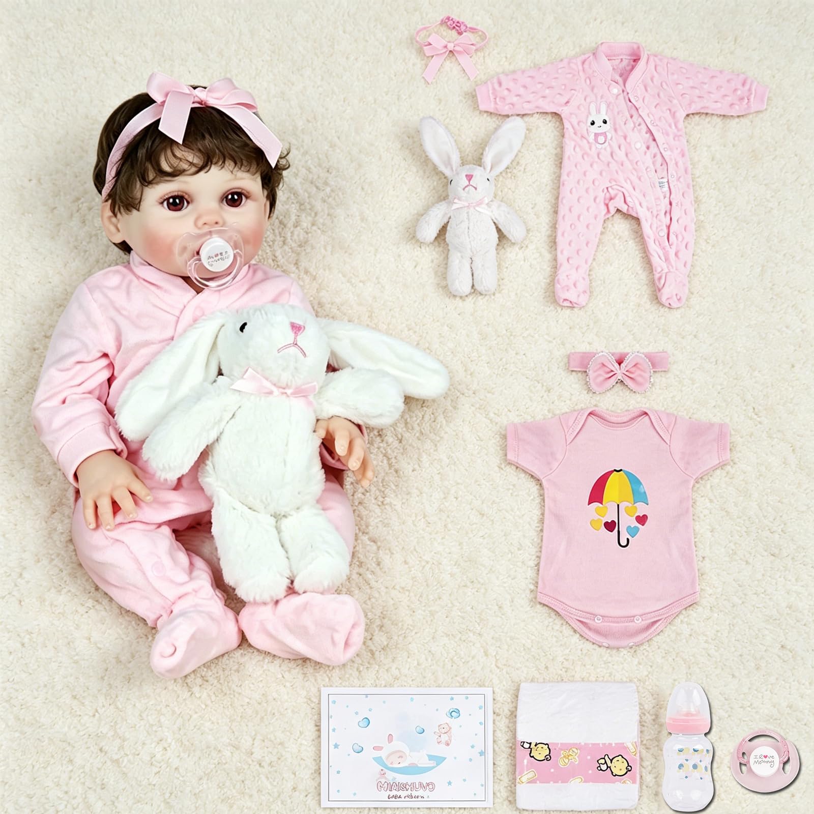 MIAISHUVO Reborn Baby Dolls 18 inch Vinyl Realistic Babies Doll with 2 Sets of Clothing,Curly Hair Lifelike Baby Dolls with Rabbit Doll for Kids Age 3+