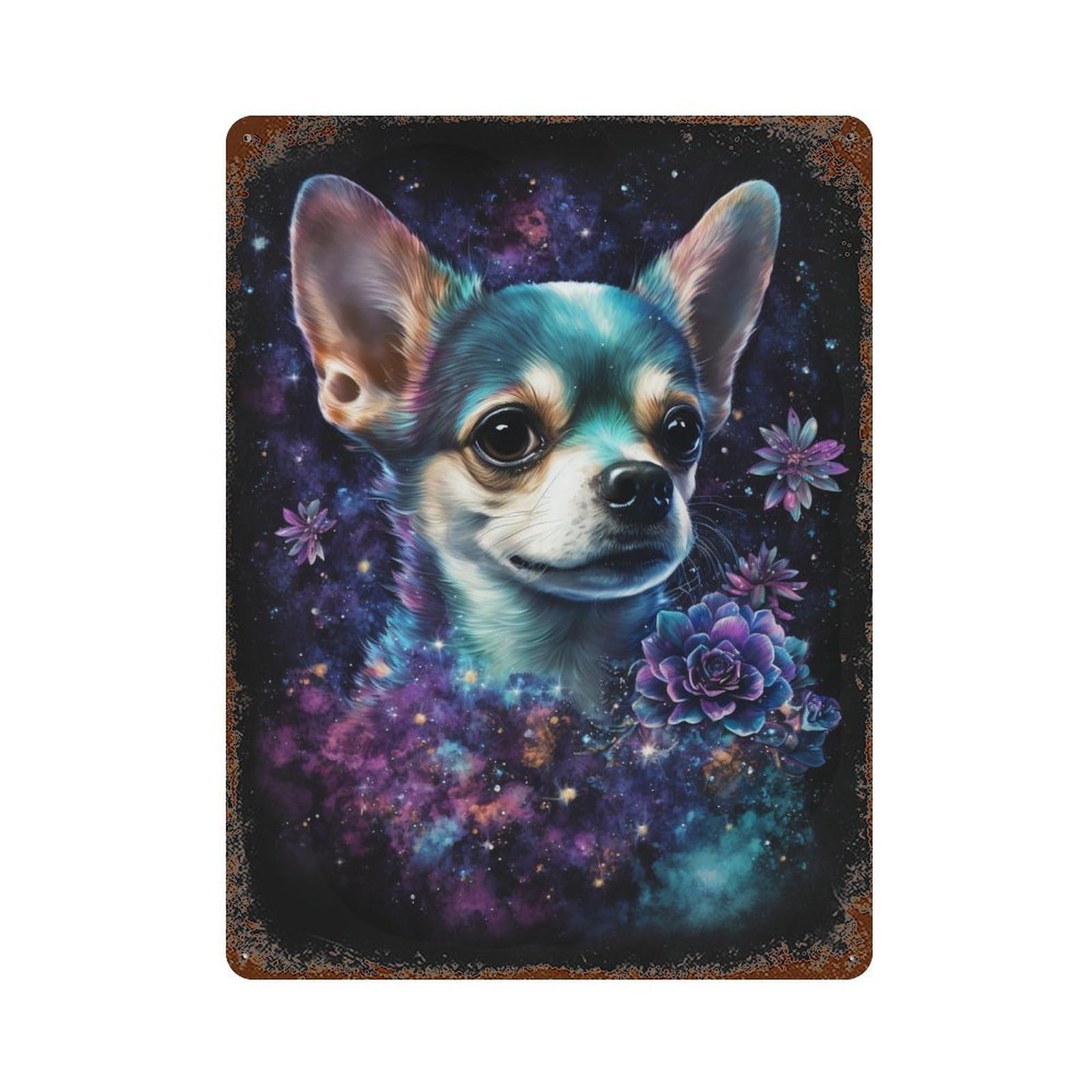 Galactic Chihuahua with Flowers -3 15.7"x11.8" Vintage Rust Metal Sign, Classic Wall Plaque for Pub, Kitchen And Man Cave Decor