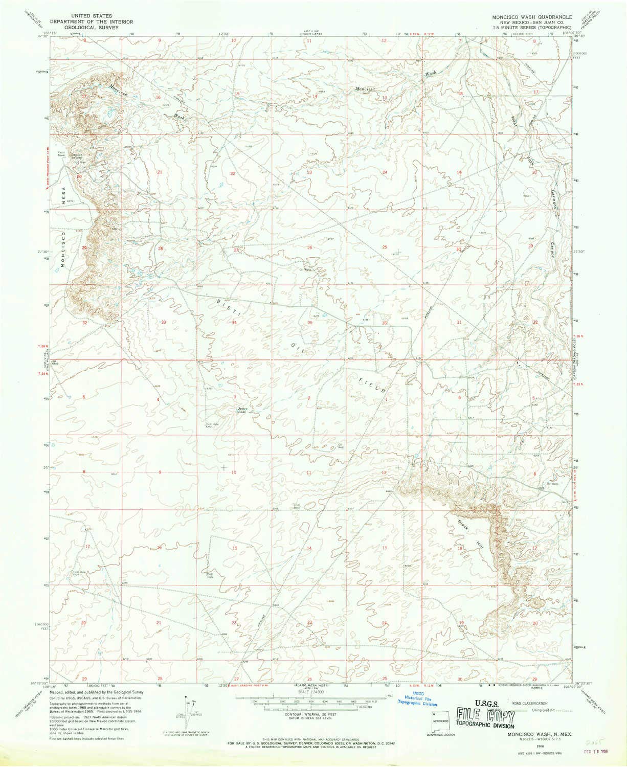 YellowMaps Moncisco Wash NM topo map, 1:24000 Scale, 7.5 X 7.5 Minute, Historical, 1966, Updated 1969, 27 x 22.1 in - Polypropylene