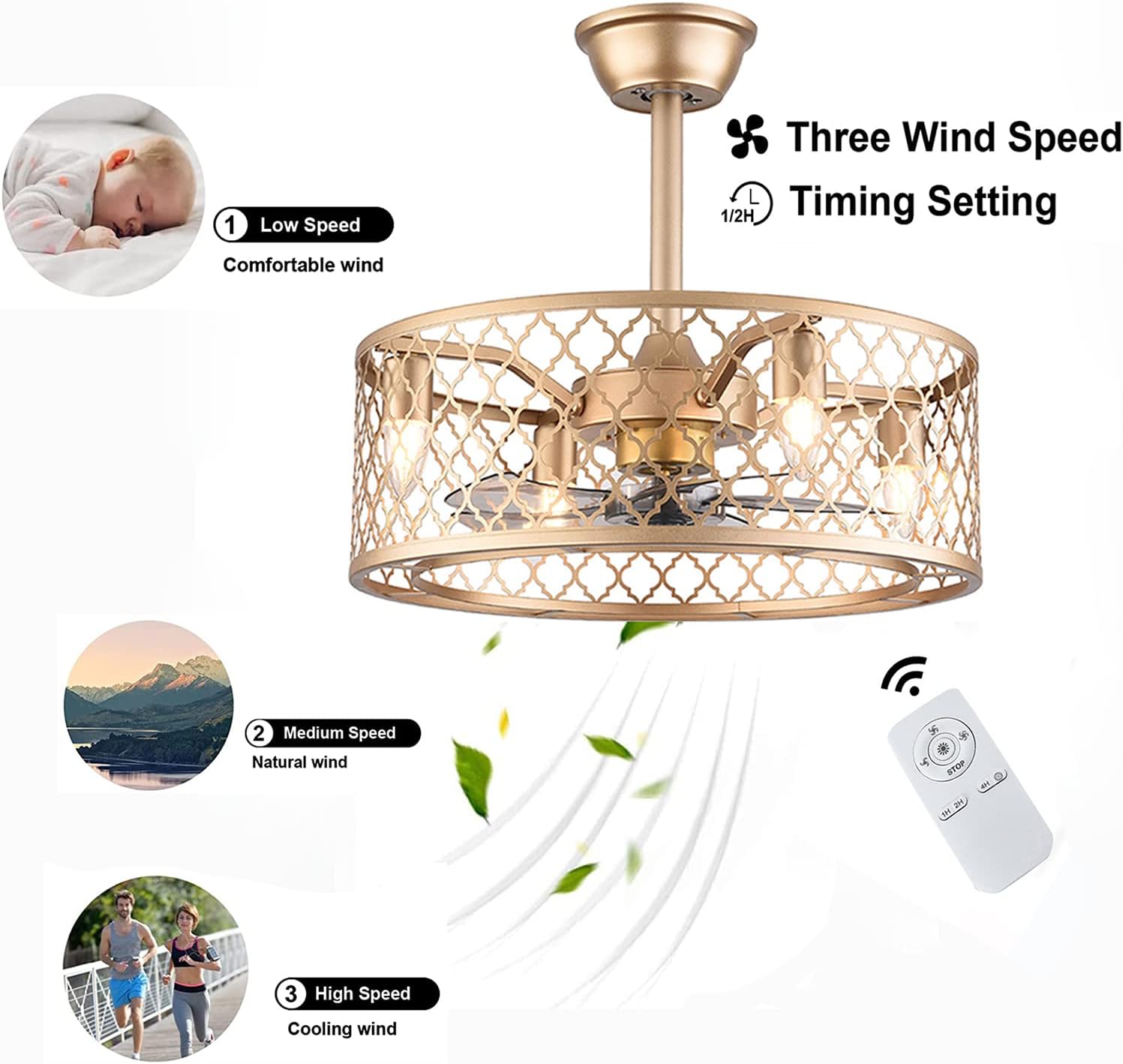 LOYALHEARTDY 20Inch Gold Iron Ceiling Fan with Light Cage Drum Chandelier Fan Remote Control Industrial Lighting Fixture for Dining Room Living Room, US Stock