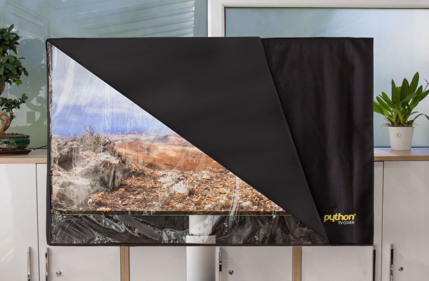 Python TV-Cover - 58" bis 60" Zoll - wetterfeste Schutzhülle für TV / Fernseher und Monitor | Indoor/Outdoor | 140x89 cm - schwarz