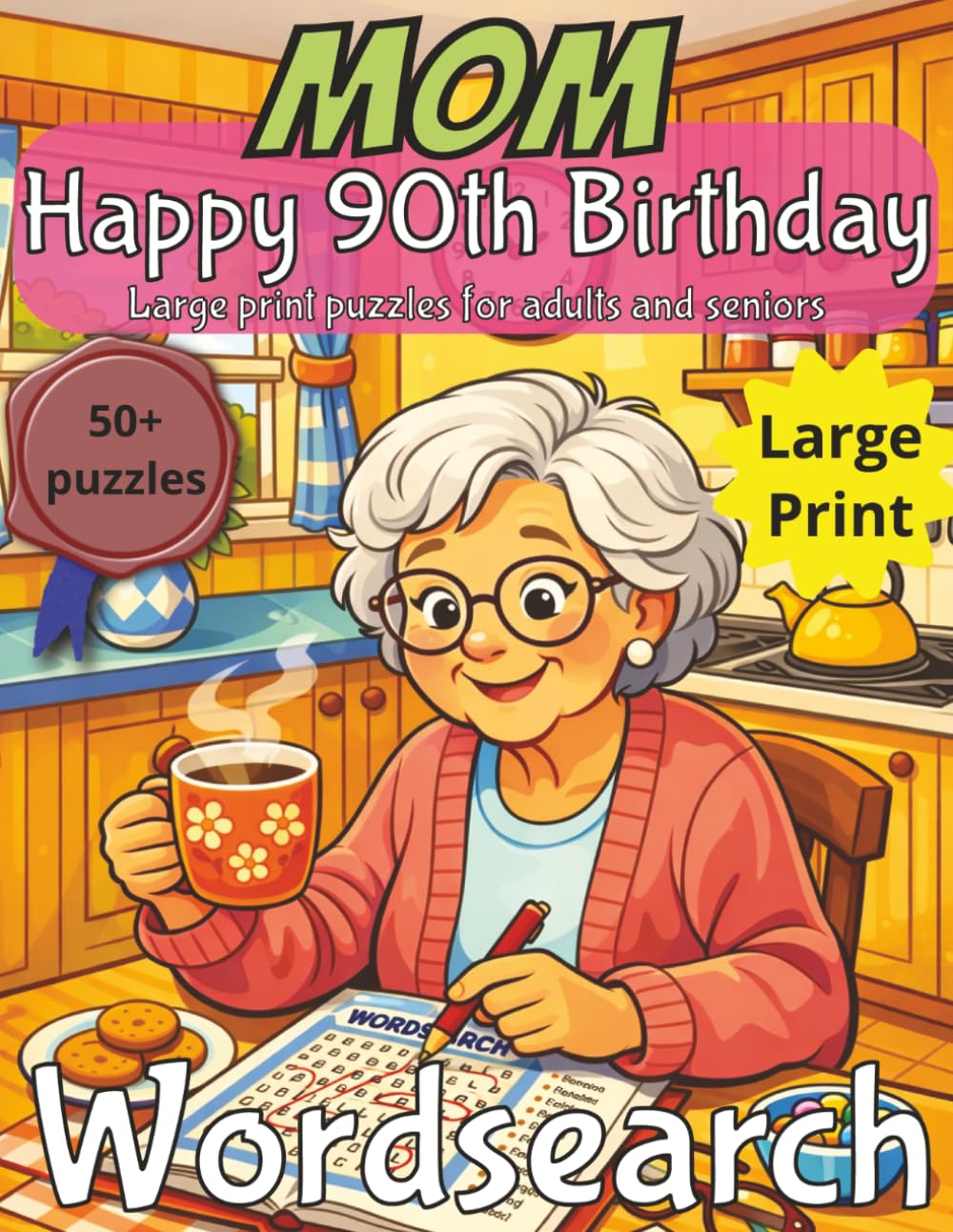Happy 90th Birthday Mom Word Search: 90th Birthday Gift Mom | Gifts for Women | Present for Senior | 90 Year old Gift | 90th Gift for Women | ... Print | Fun Gift Elderly | Mom 00th Present