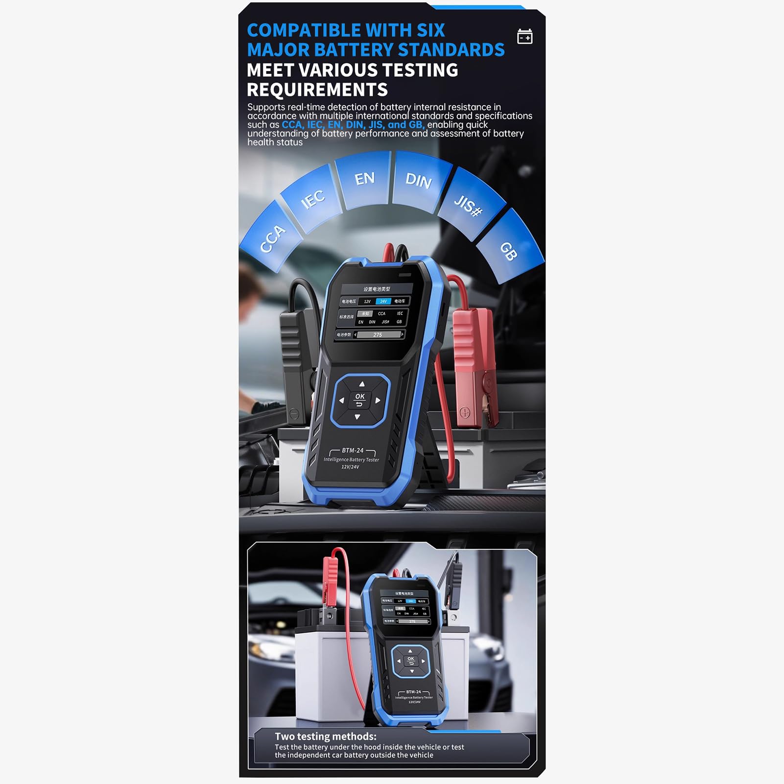 Jectse Präziser Multimeter-Batterietester mit Verbesserter Klemmsonde für Haushaltsbatterien in Autos. TFT-Farbdisplay für Einfache Lesbarkeit (BTM-24)