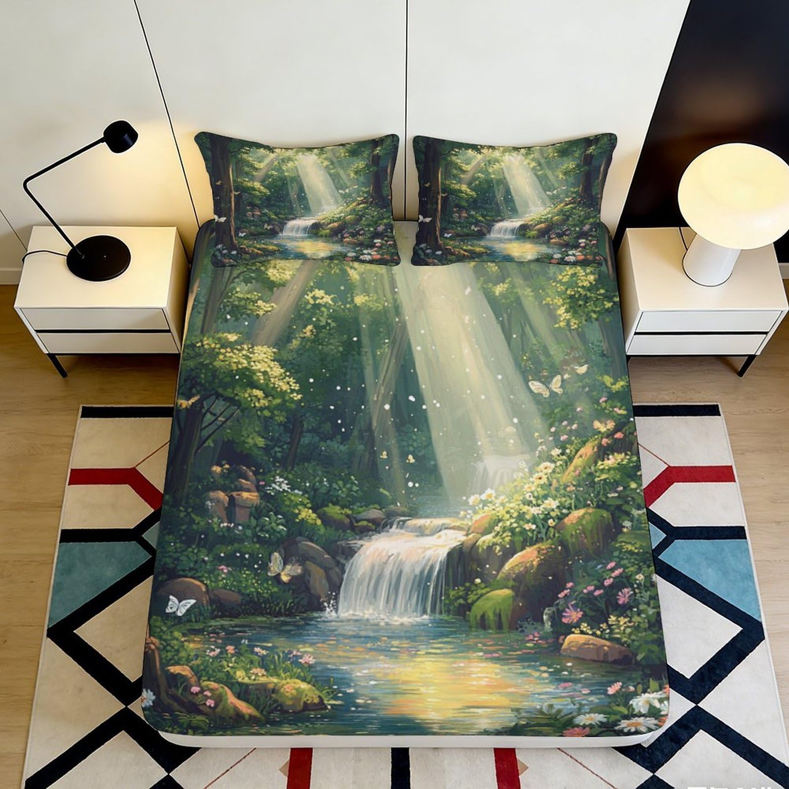 3D Printed Forest Waterfall Fitted Sheet Microfiber Soft Nature Landscape Bed Cover for Bedroom Guest Room Decor 90x200x25cm