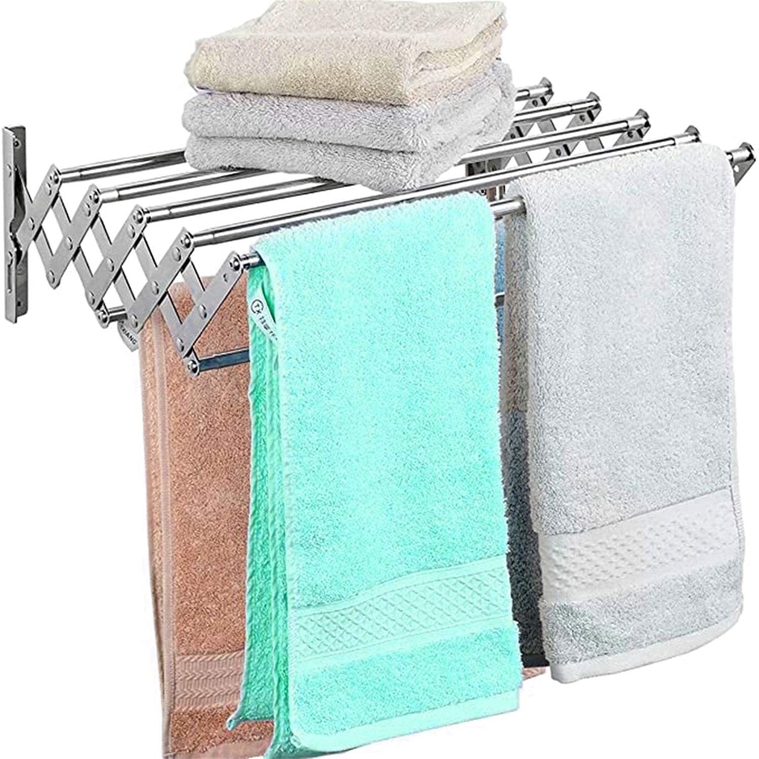 YNBSHGAA Stylish Silver Wall Mounted Clothes Drying Rack with Retractable Rod Hook Space Saving Foldable Coat Rack for Towels and Garments,80cm/31.5in