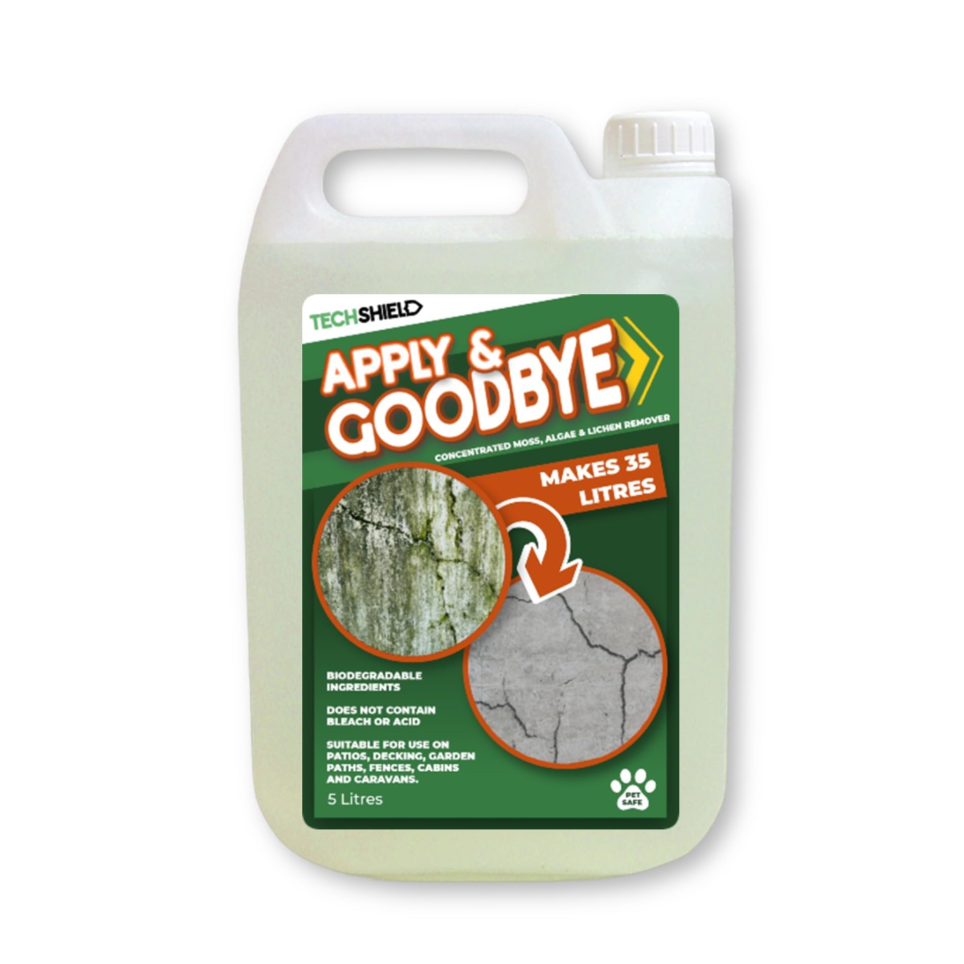 Tech Shield Apply & Goodbye 5L - Moss, Algae and Lichen Remover - Pet Safe & Biodegradable Ingredients