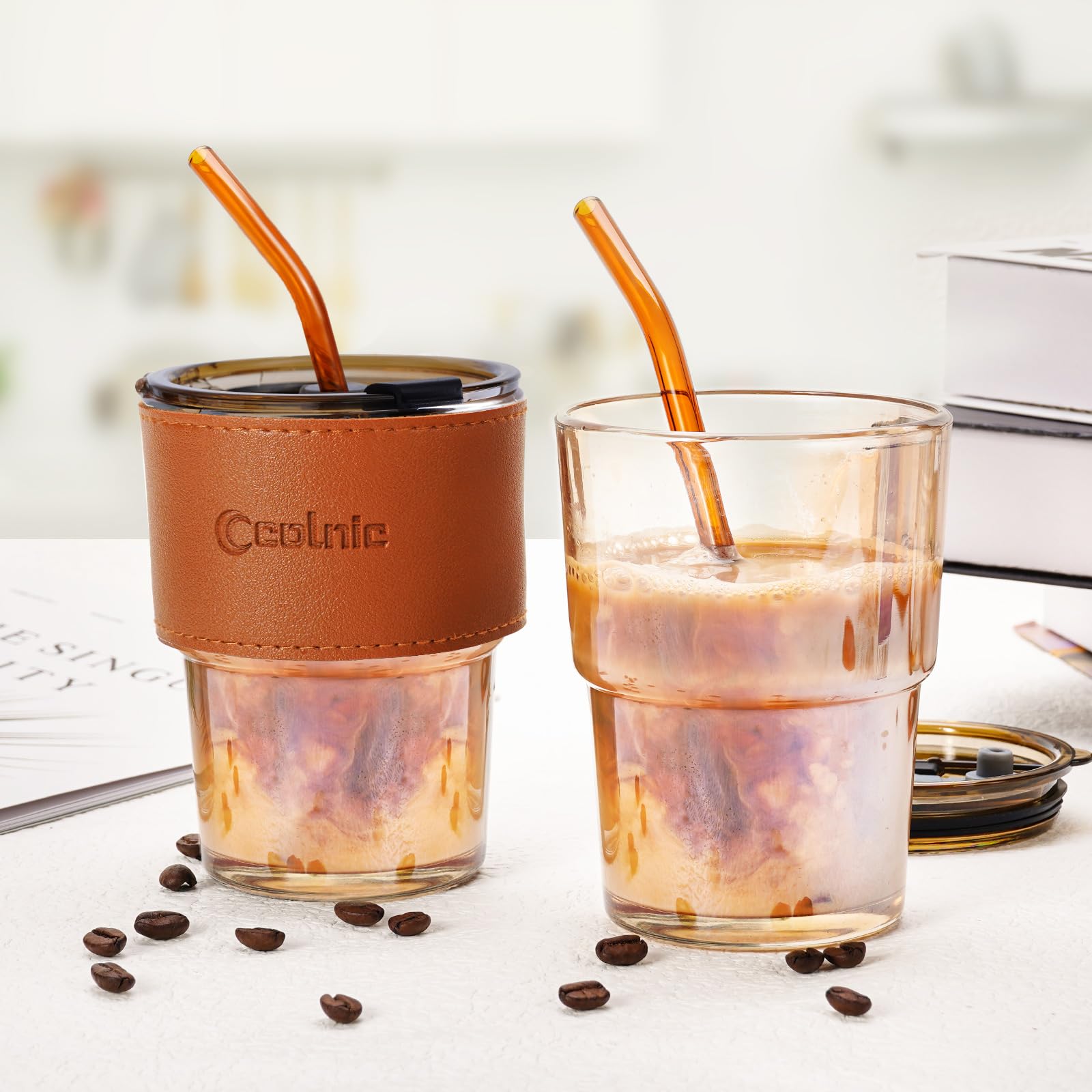 Gobelet En Verre Borosilicate Avec Couvercle Bambou Et Pailles - 600 Ml - Style Nœud Bleu - Pour Café Glacé, Smoothie