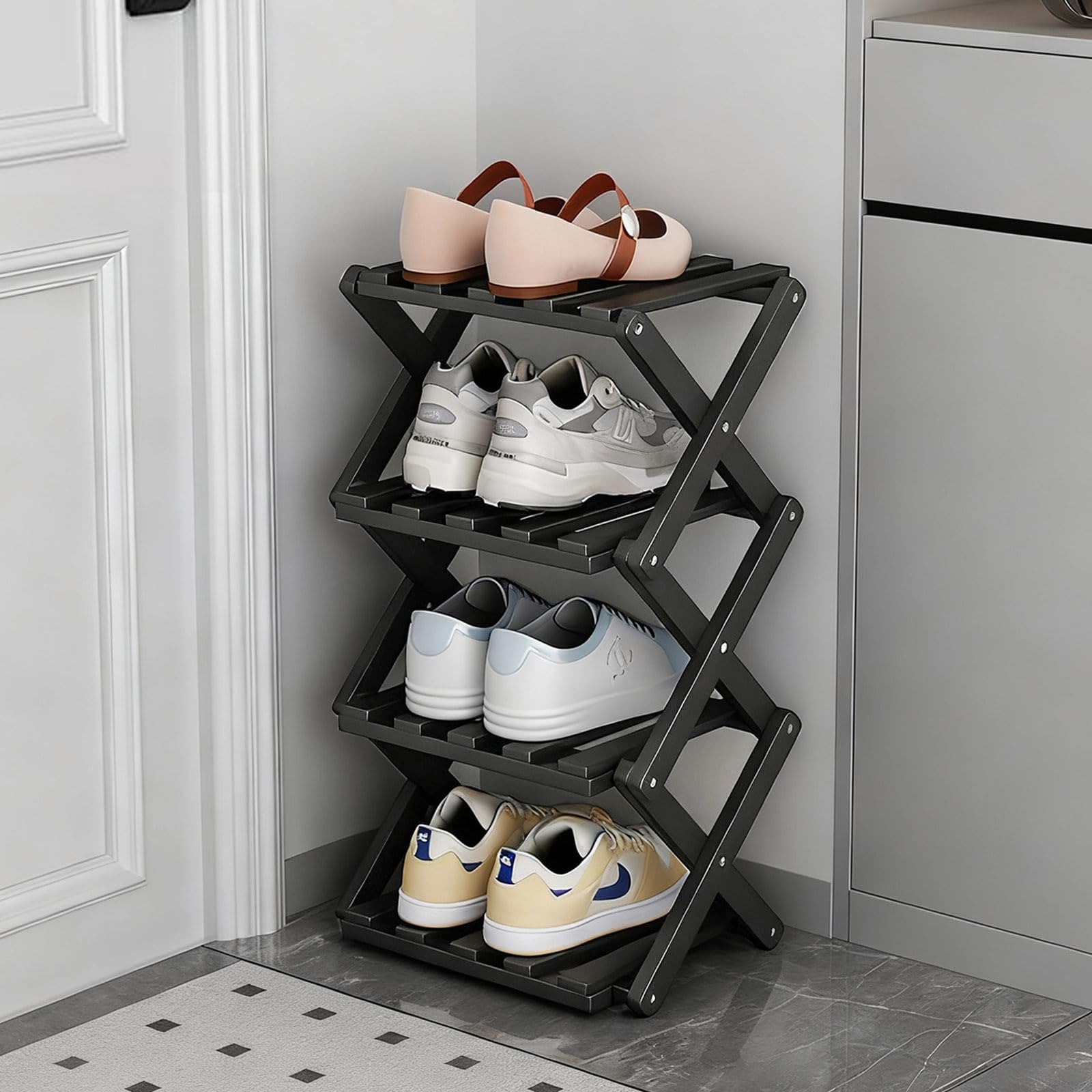 GIRYES Small Shoe Rack Black, 4 Tier Bamboo Foldable Shoes Organizer Free Standing Shelf for Entryway, Bedrooms, Closet, Living Room Corner | No Installation Required (Black, 4 Tier)
