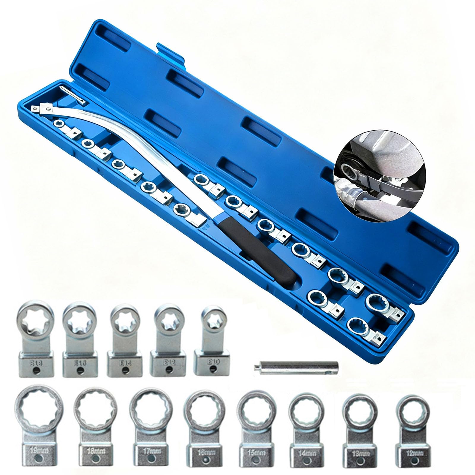 Outils de Galet Tendeur Courroie, Outil de Démontage de Courroie avec 5 Connecteurs de Type-E E18/E16/E14/E12/E10 et 8 Connecteurs à Tête Plate 19/18/17/16/15/14/13/12 mm