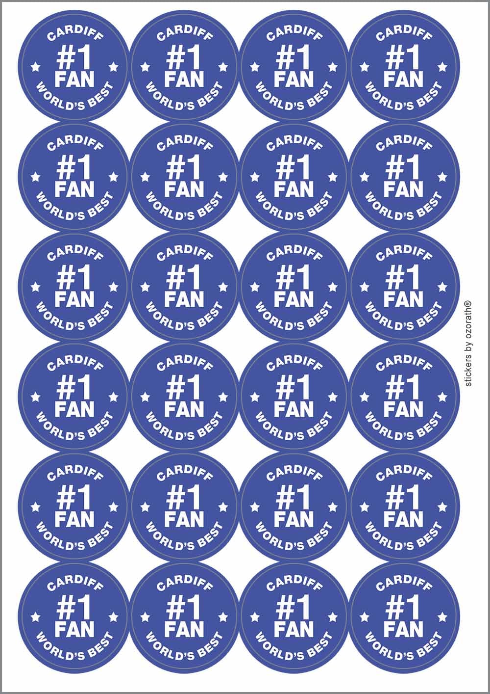 Cardiff #1 Fan Circular Matt Paper Stickers A4 Sheet of 24 (Each Sticker is 45mm Diameter)