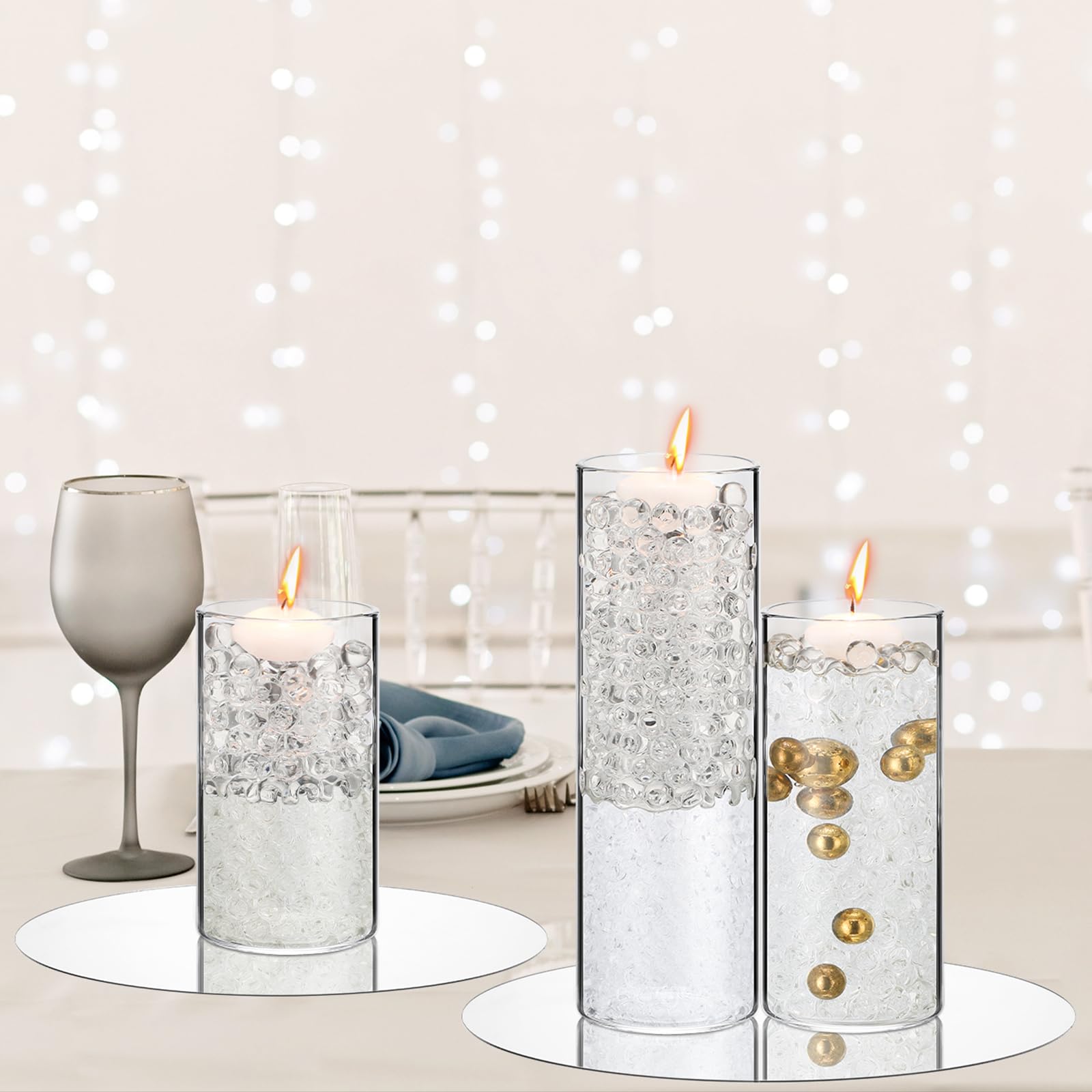 Sabary Glass Cylinder Vases for Centerpieces Floating Candles Holder for Wedding Party Decoration Home Table Centerpiece with Water Filler Gel Beads Round Mirror Plates and Floating Candles (18 Pcs)